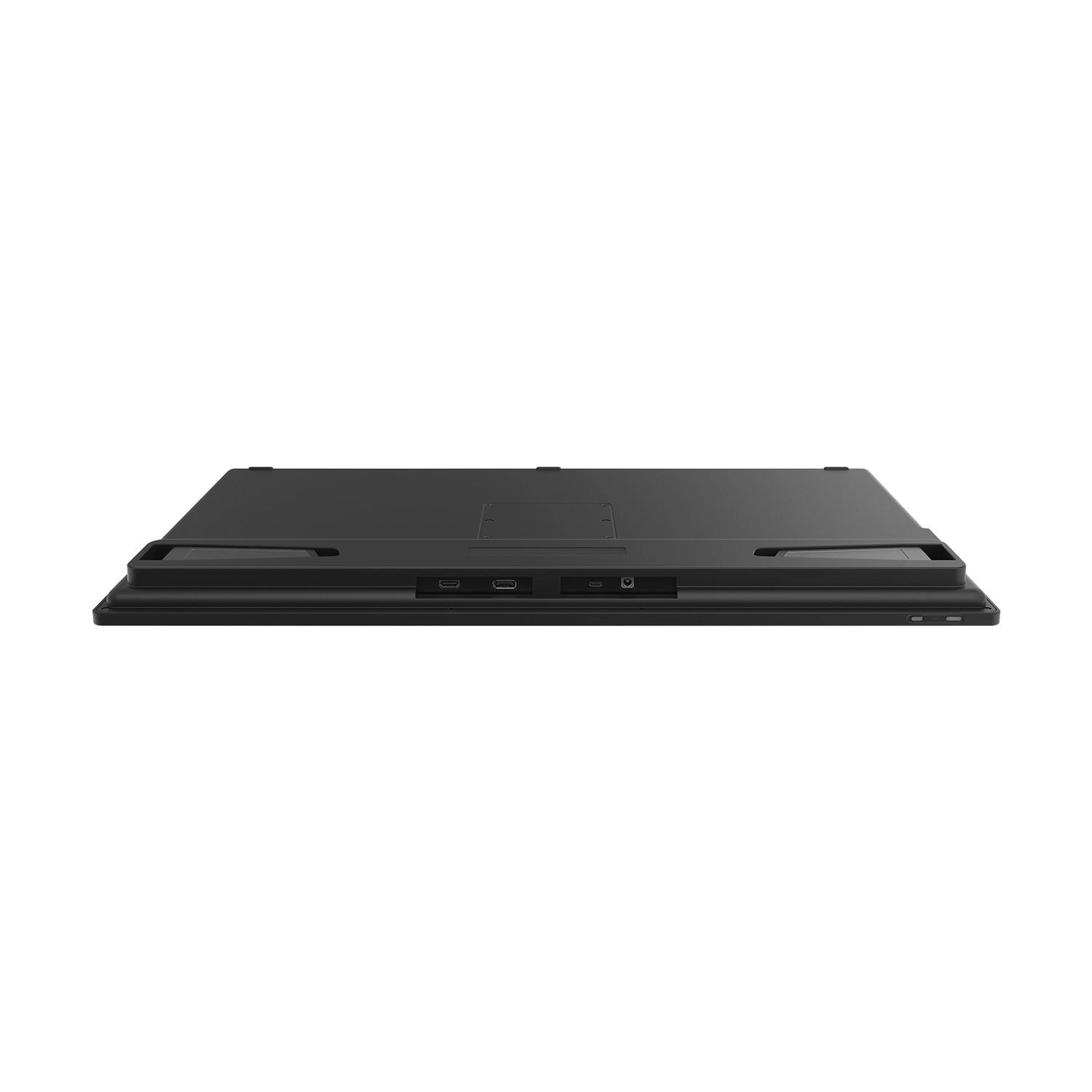 Lato inferiore di un monitor nero. Mostra le porte per le connessioni. Design minimalista.
