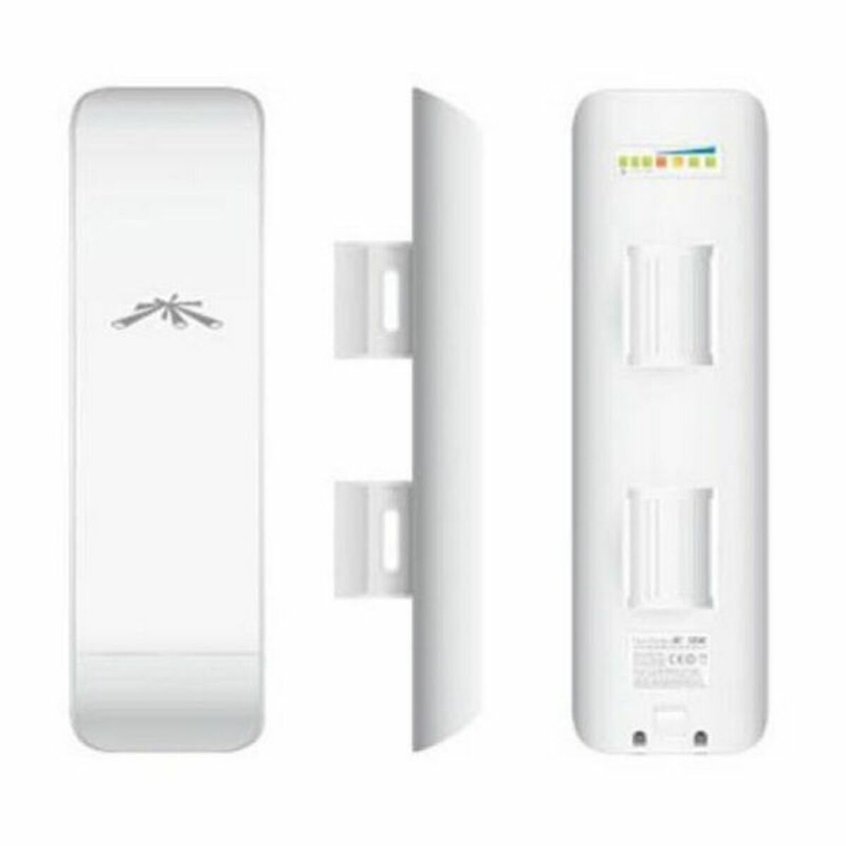 Dispositivo access point wireless bianco. Mostra tre lati, con antenne e staffe di montaggio.