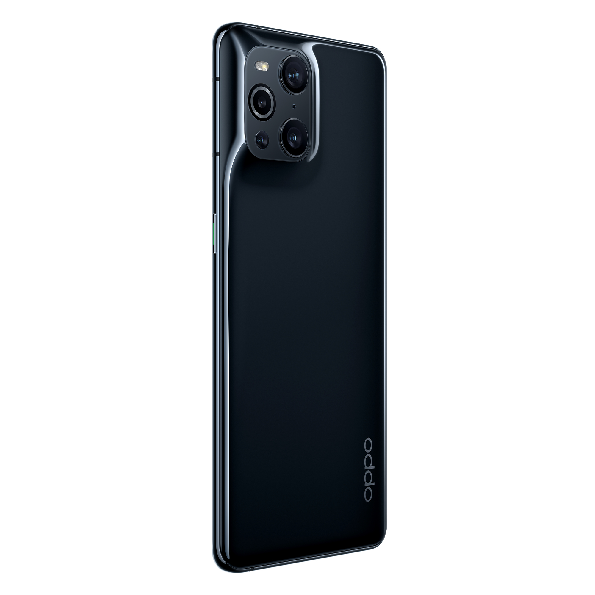 Schwarzes Telefon mit drei Kameras auf der Rückseite, mit Oppo-Logo.