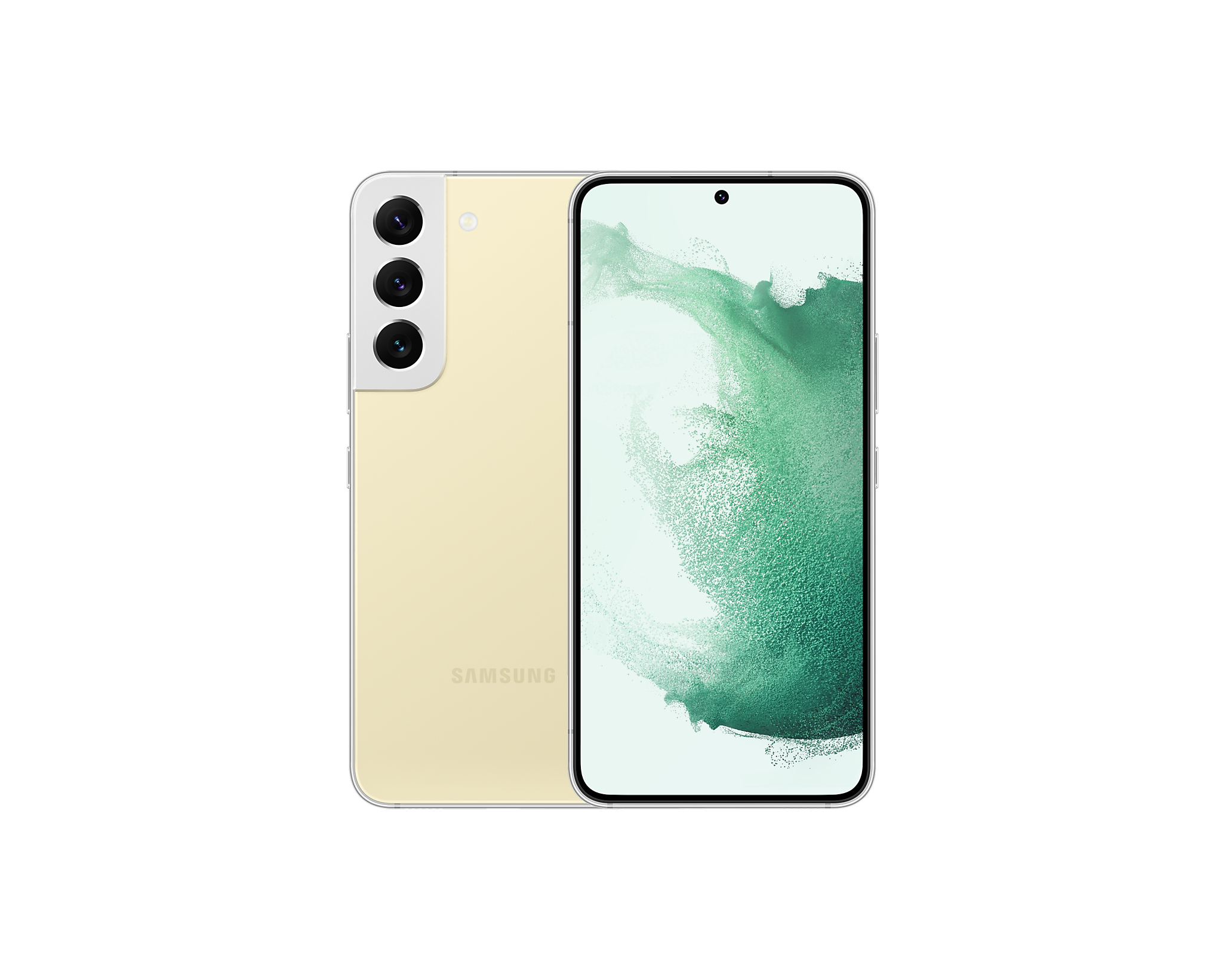 Gele Samsung telefoon. Achterkant met camera's, voorkant groen scherm. Op witte ondergrond.
