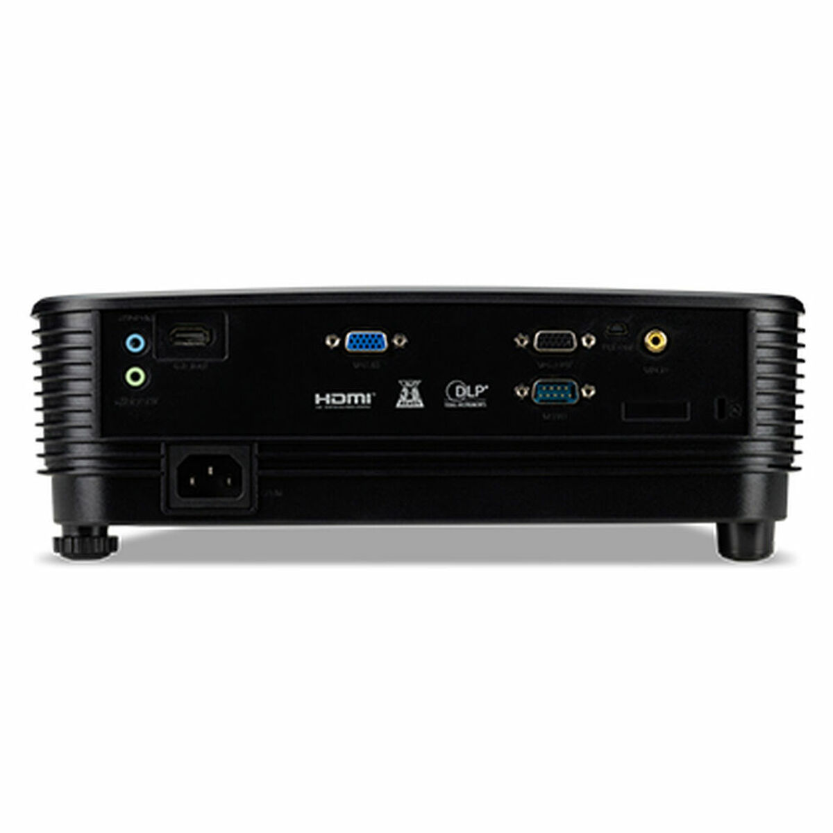 Widok z tyłu czarnego projektora z różnymi portami i wejściami.