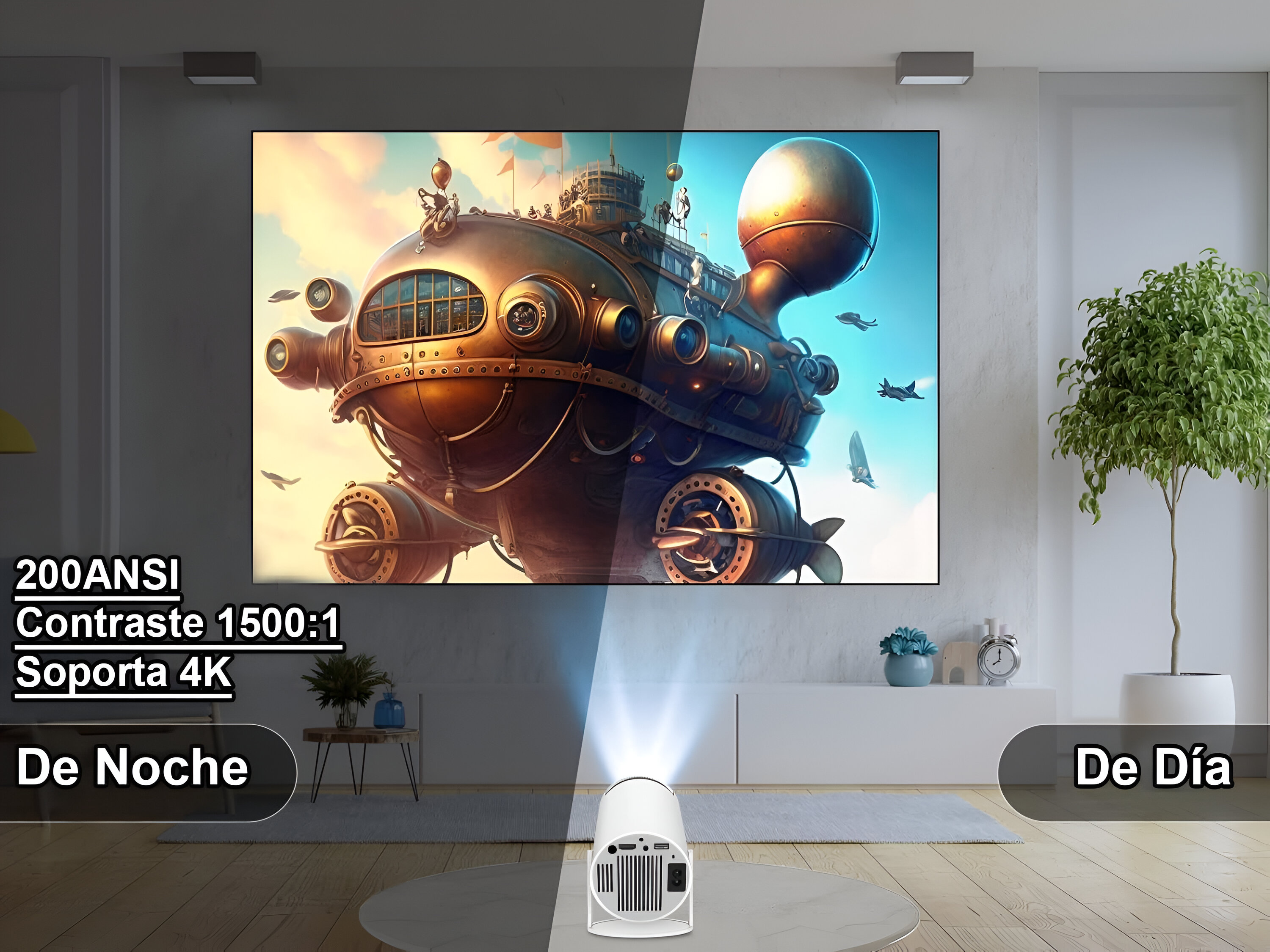 Proyector que muestra una imagen de dibujos animados con una opción de modo diurno y nocturno.