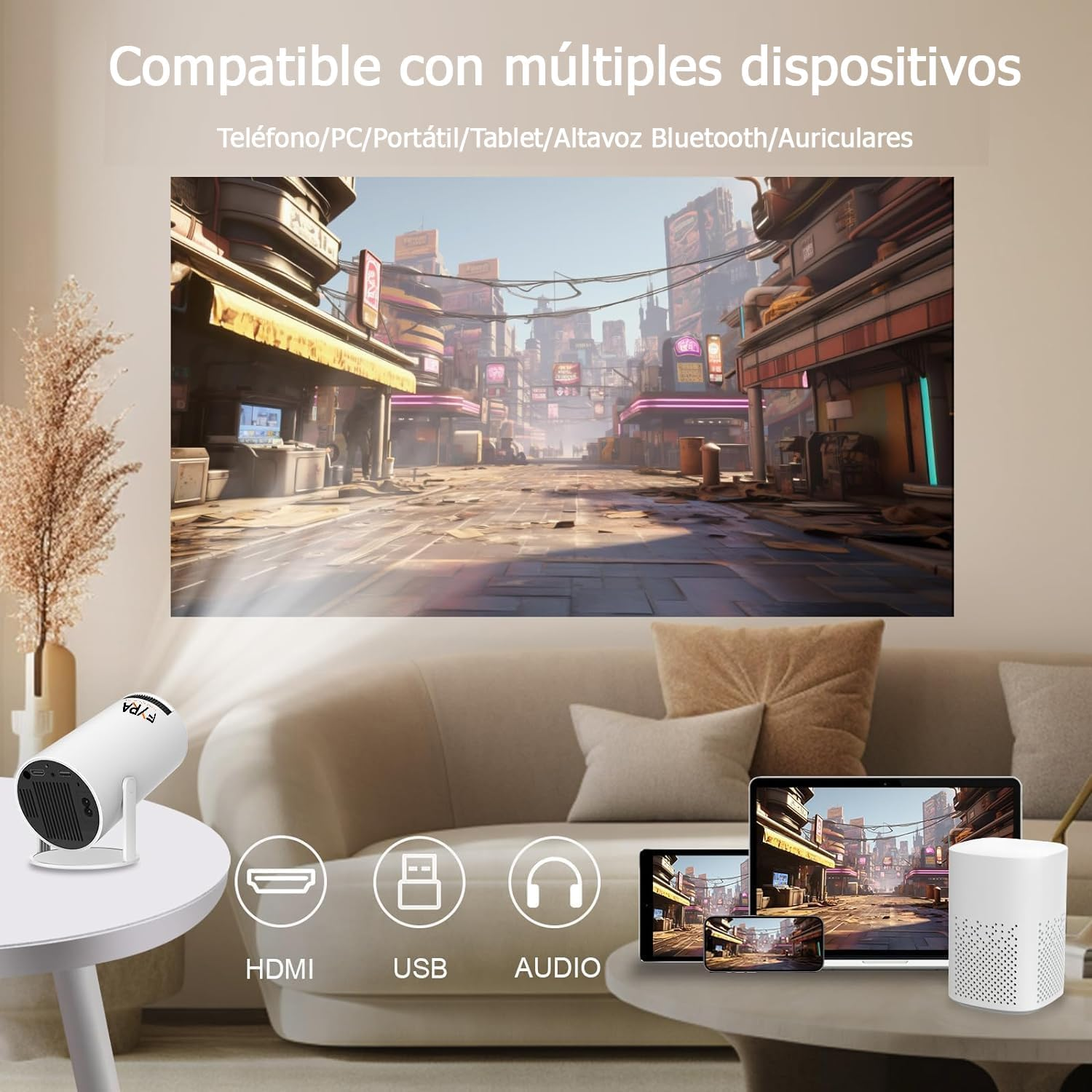 Un proyector proyecta una escena de la ciudad en una pared. Hay una laptop, tabletas y un altavoz en la mesa.