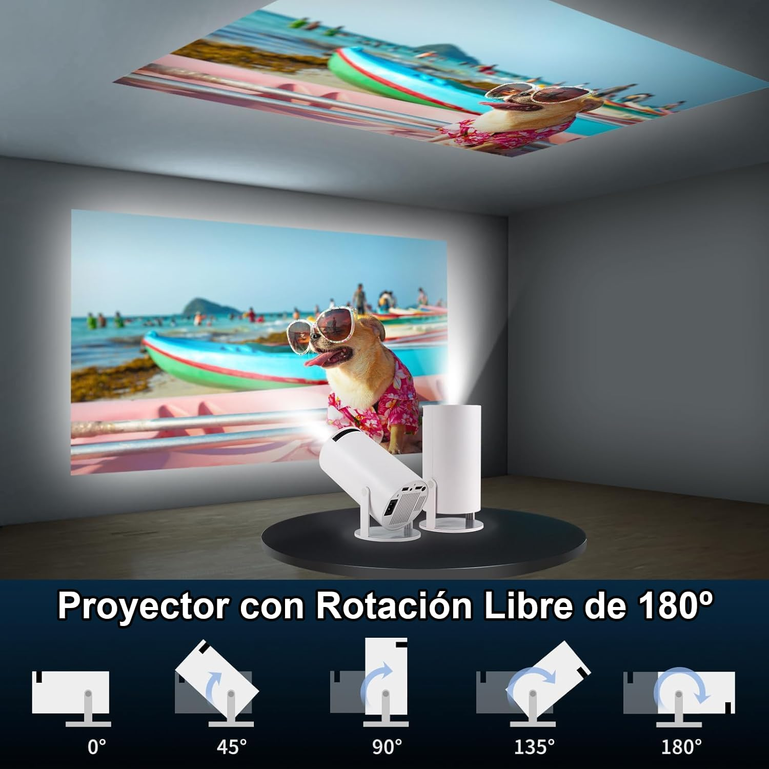 Proyector mostrando imagen en el techo. Proyector blanco, sobre mesa. Imagen de escena de playa con perro.