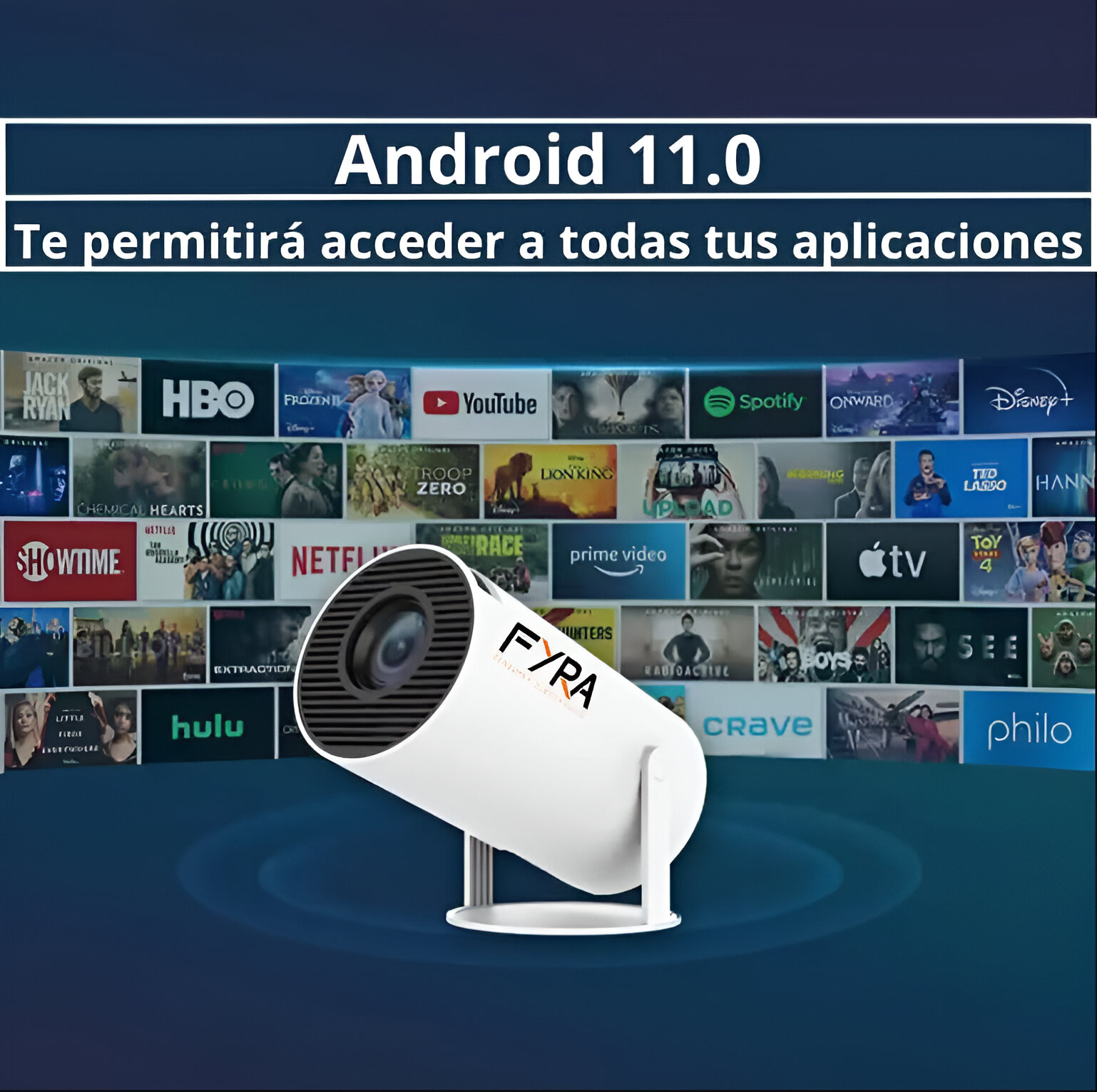 Proyector con pantalla de aplicaciones. Fondo muestra pantalla con iconos.