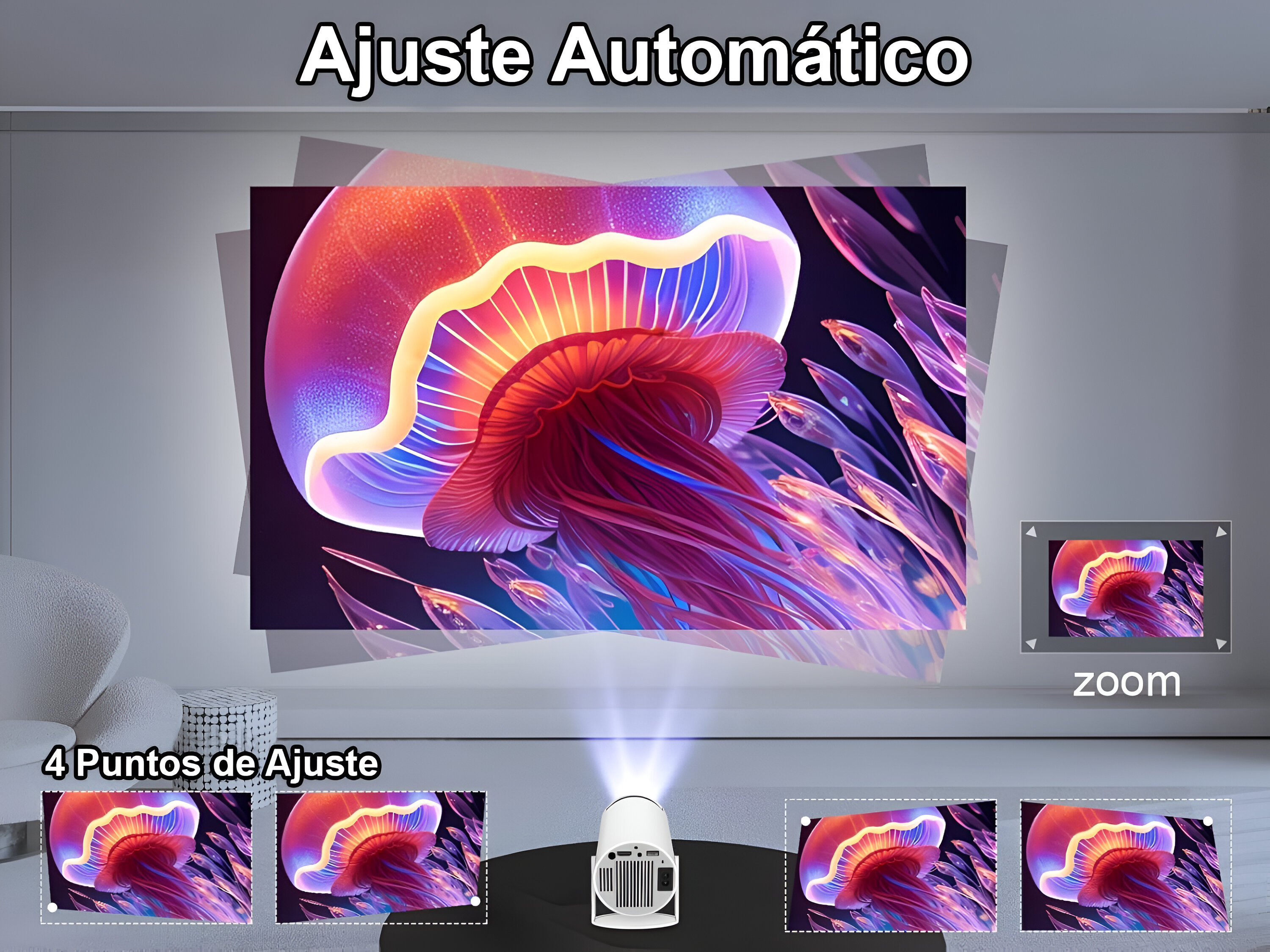 Un proyector muestra una imagen de medusa, con puntos ajustables y opciones de zoom.