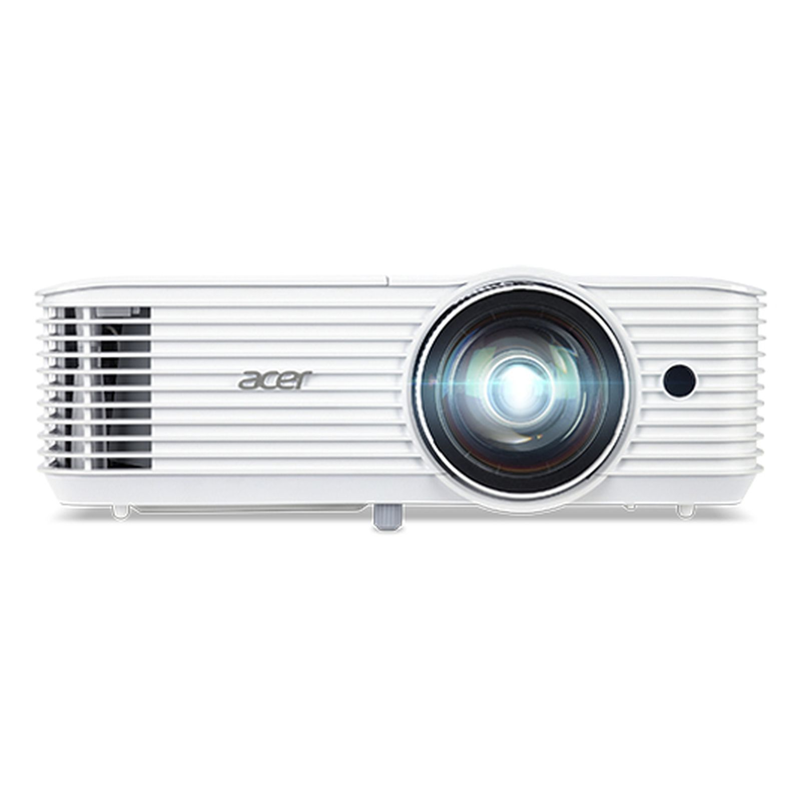 White Acer projector with a lens and side vents. The Acer logo is visible on the front.