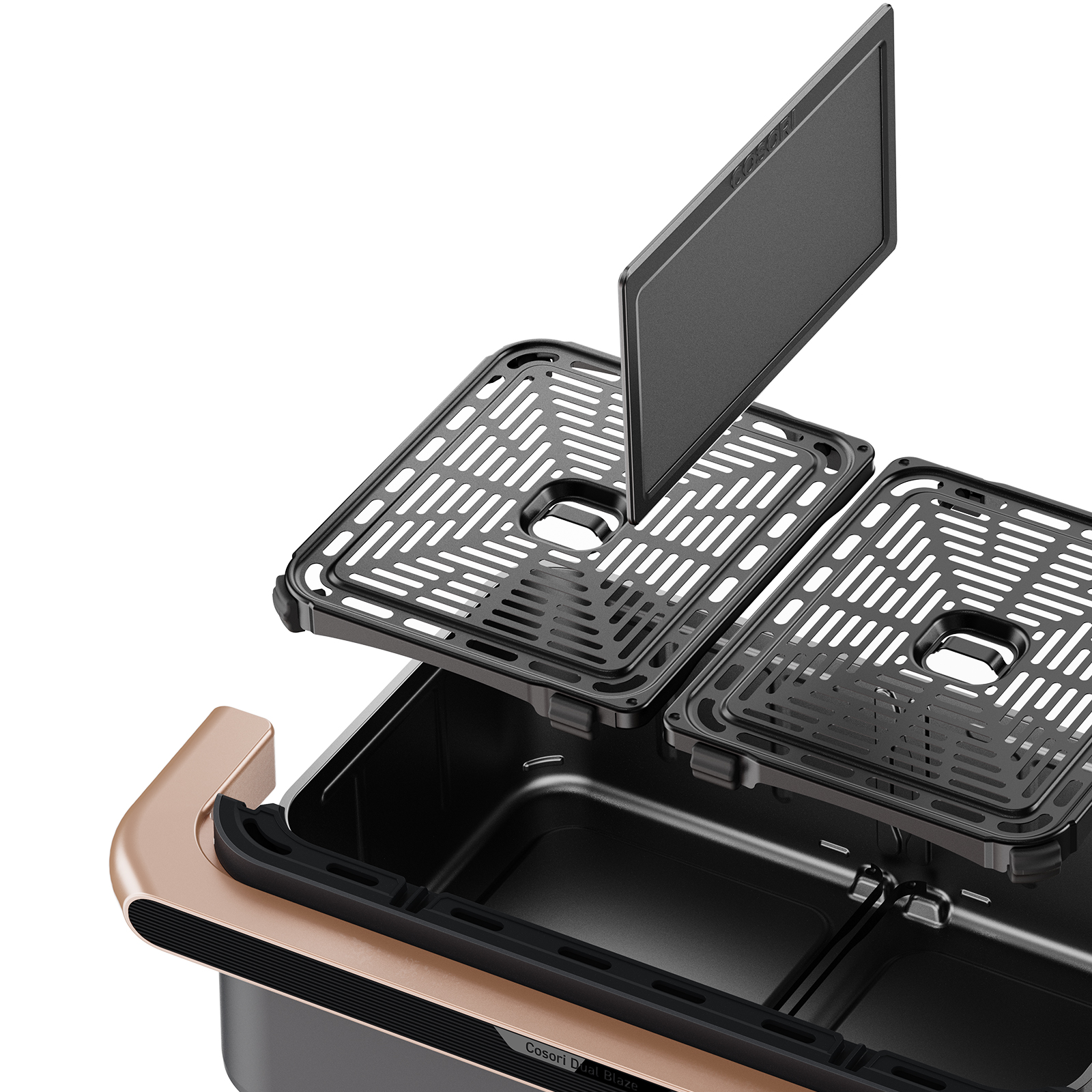 Zdemontowana czarna frytkownica powietrzna z dwiema tacami i uchwytem, na białym tle.