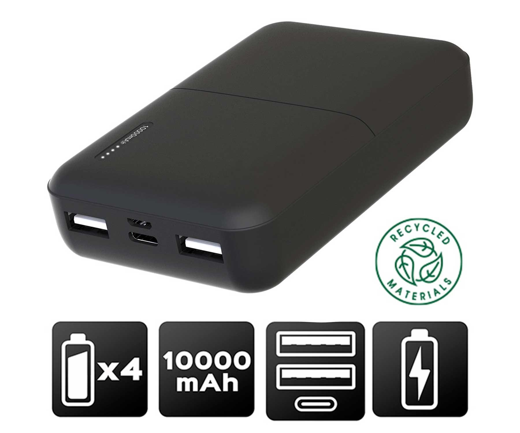 Une batterie externe noire avec ports et icônes, avec symbole de matériau recyclé.