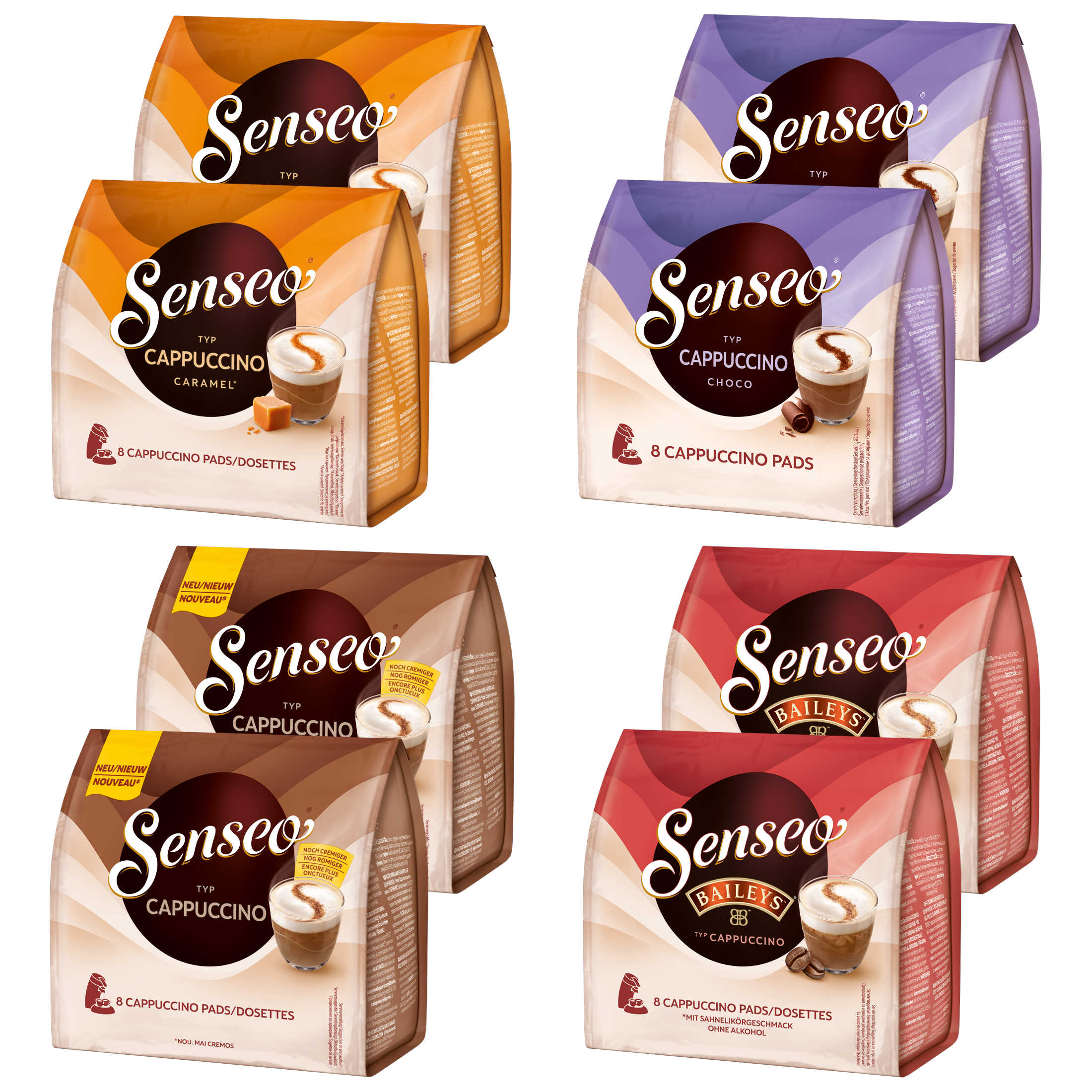 Sechs Packungen Cappuccino-Kaffeepads, verschiedene Geschmacksrichtungen: Caramel, Choco und Baileys.