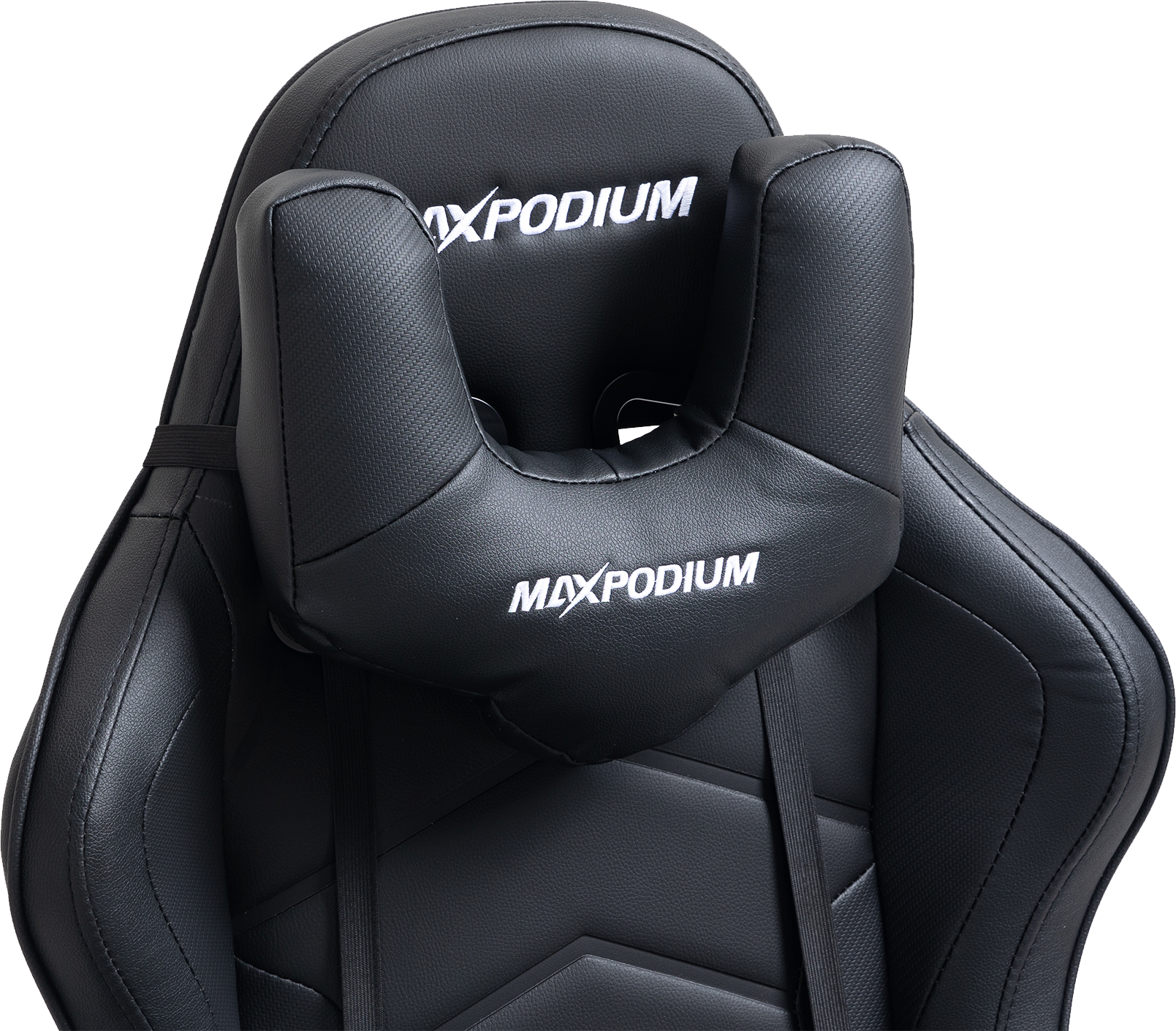 Appui-tête de chaise gaming noir avec le logo blanc "MAXPODIUM".