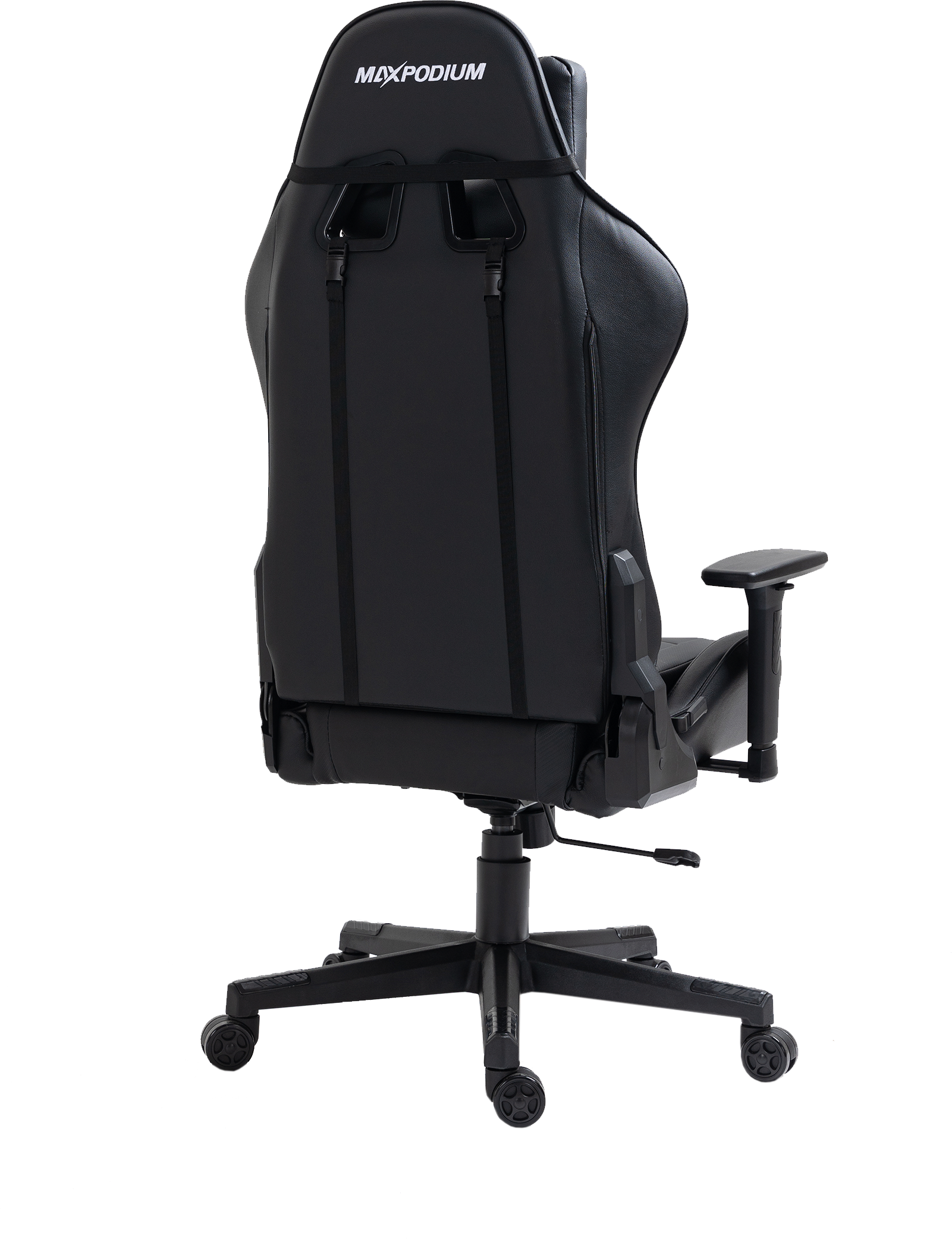 Chaise de jeu noire avec texte MAXPODIUM sur l'appuie-tête, vue de dos.