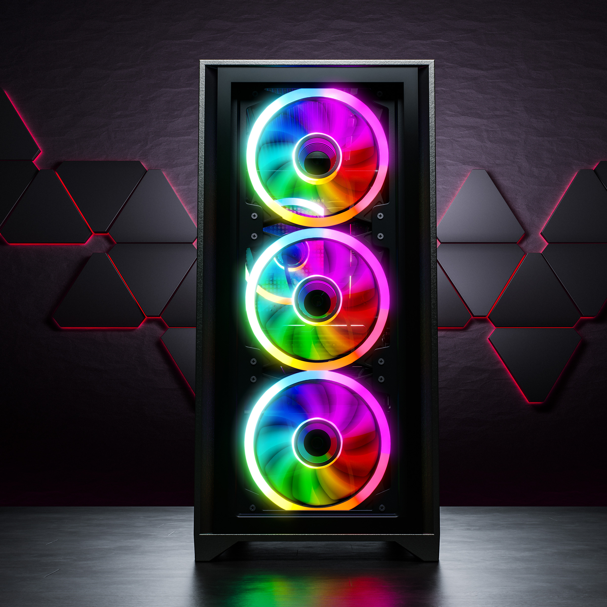 Ein Computergehäuse mit drei Lüftern mit mehrfarbigen Lichtern. Der Hintergrund ist eine dunkle, strukturierte Wand.