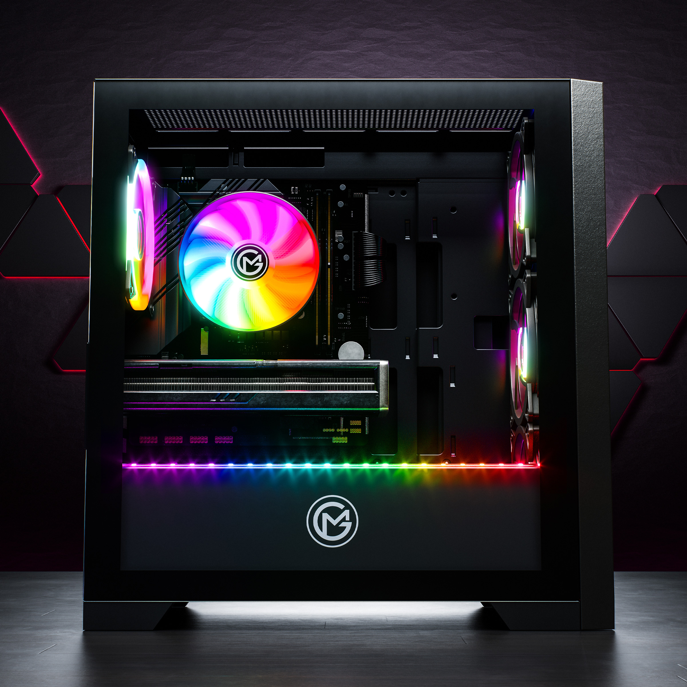 Ein schwarzes Computergehäuse mit Regenbogenlichtern innen, mit schwarzem Holzhintergrund.