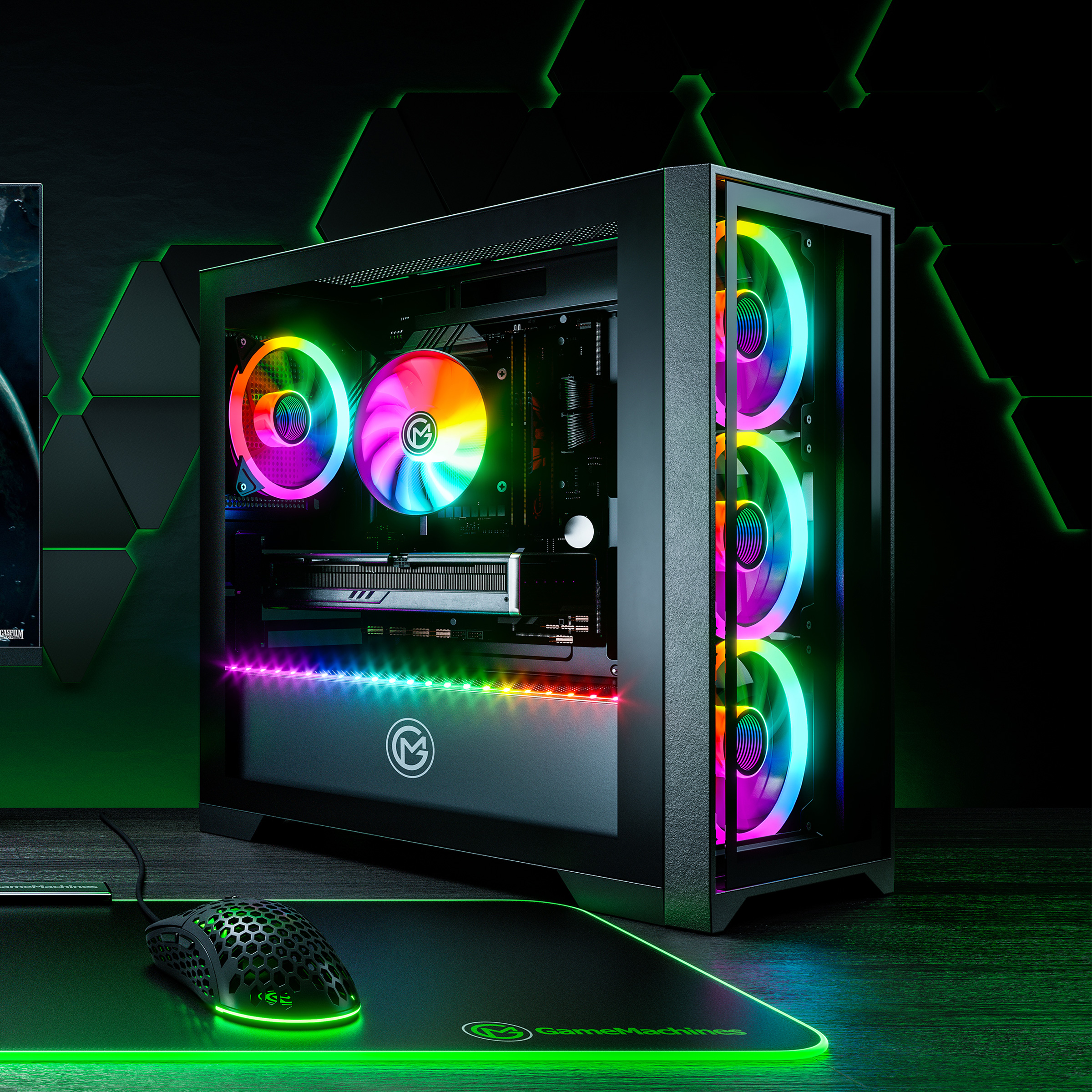 Ein schwarzes PC-Gehäuse mit Regenbogenlüftern, einer Maus und einem Mausp
