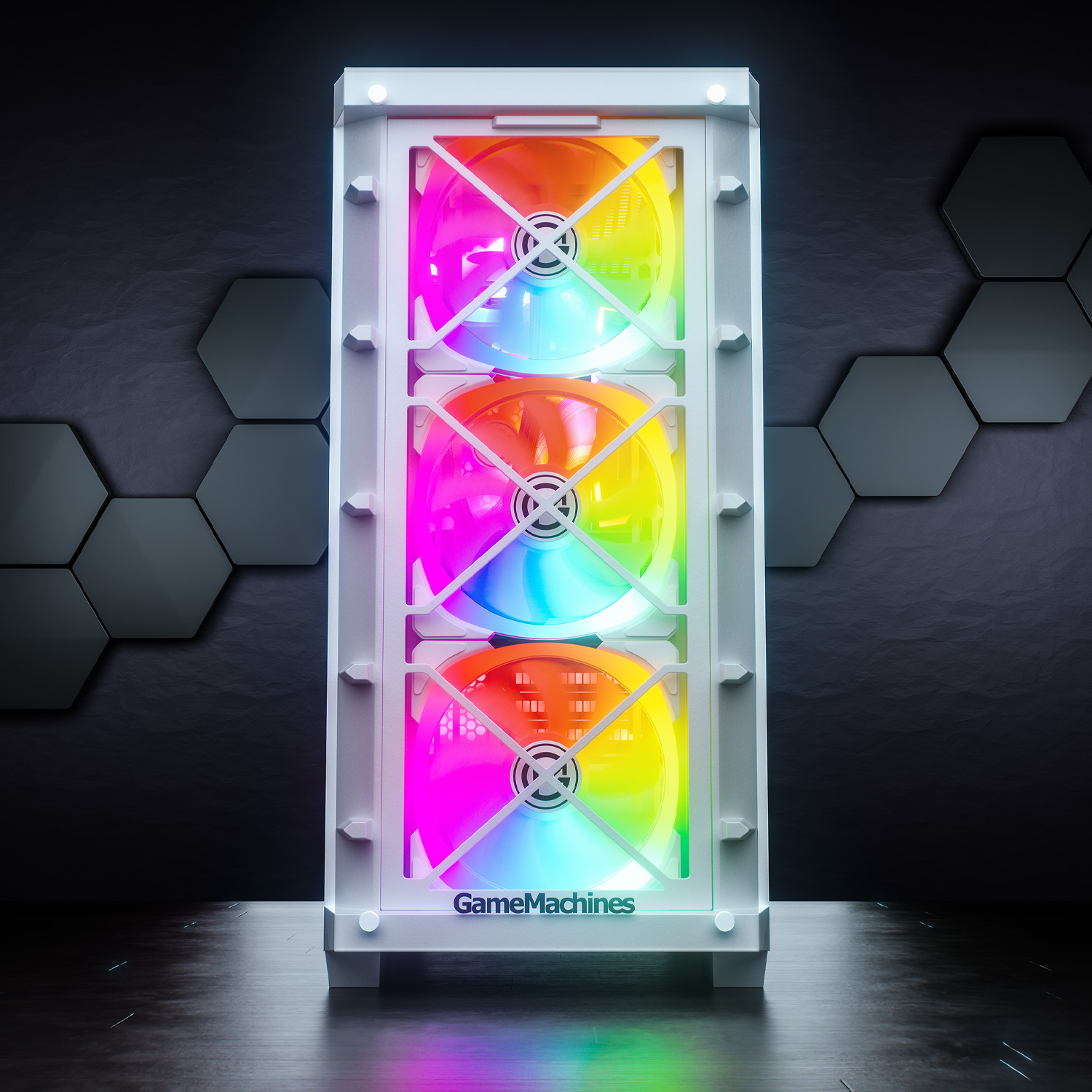 Weißes Computergehäuse mit drei Lüftern. Lüfter haben bunte Lichter. GameMachines steht da.