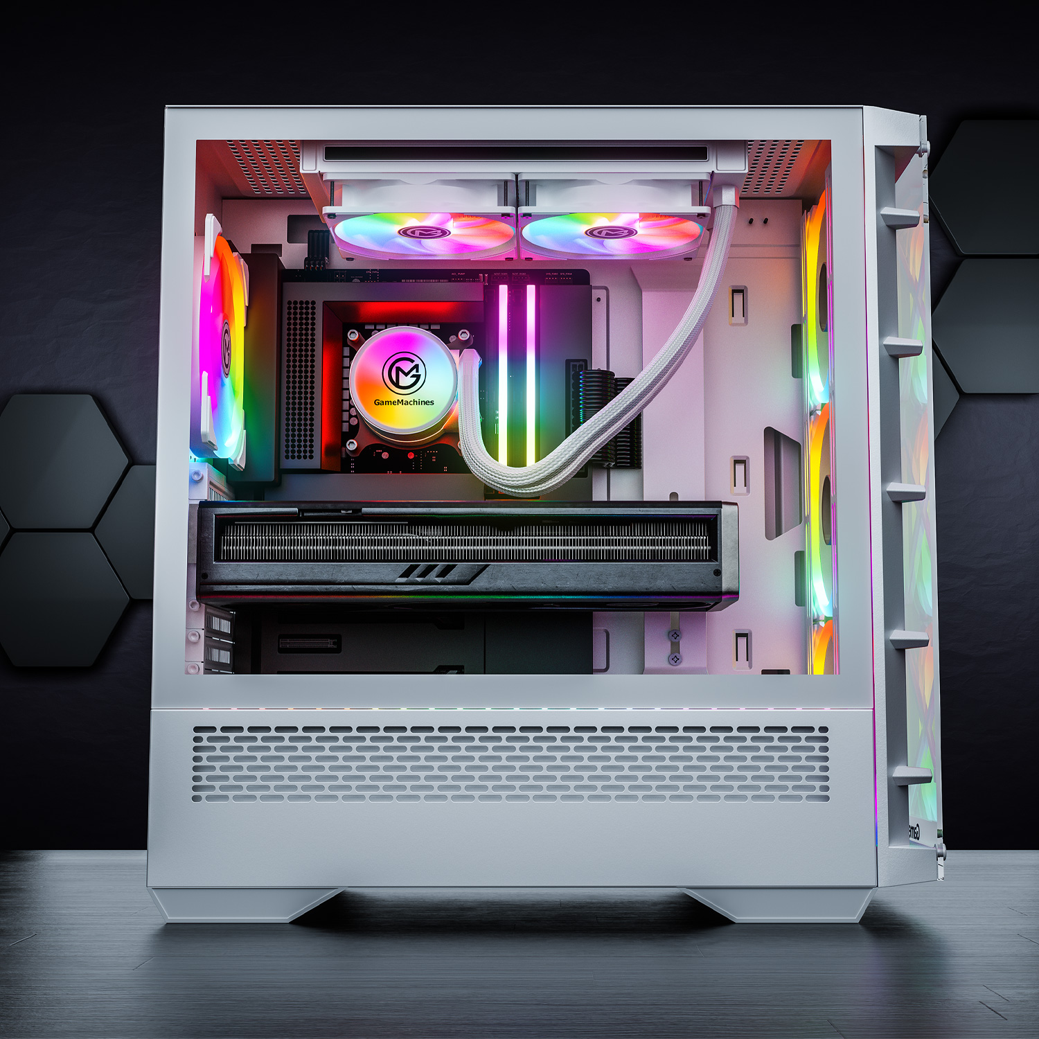 Ein weißes Computergehäuse mit internen Komponenten, die mit bunten Lichtern beleuchtet sind.