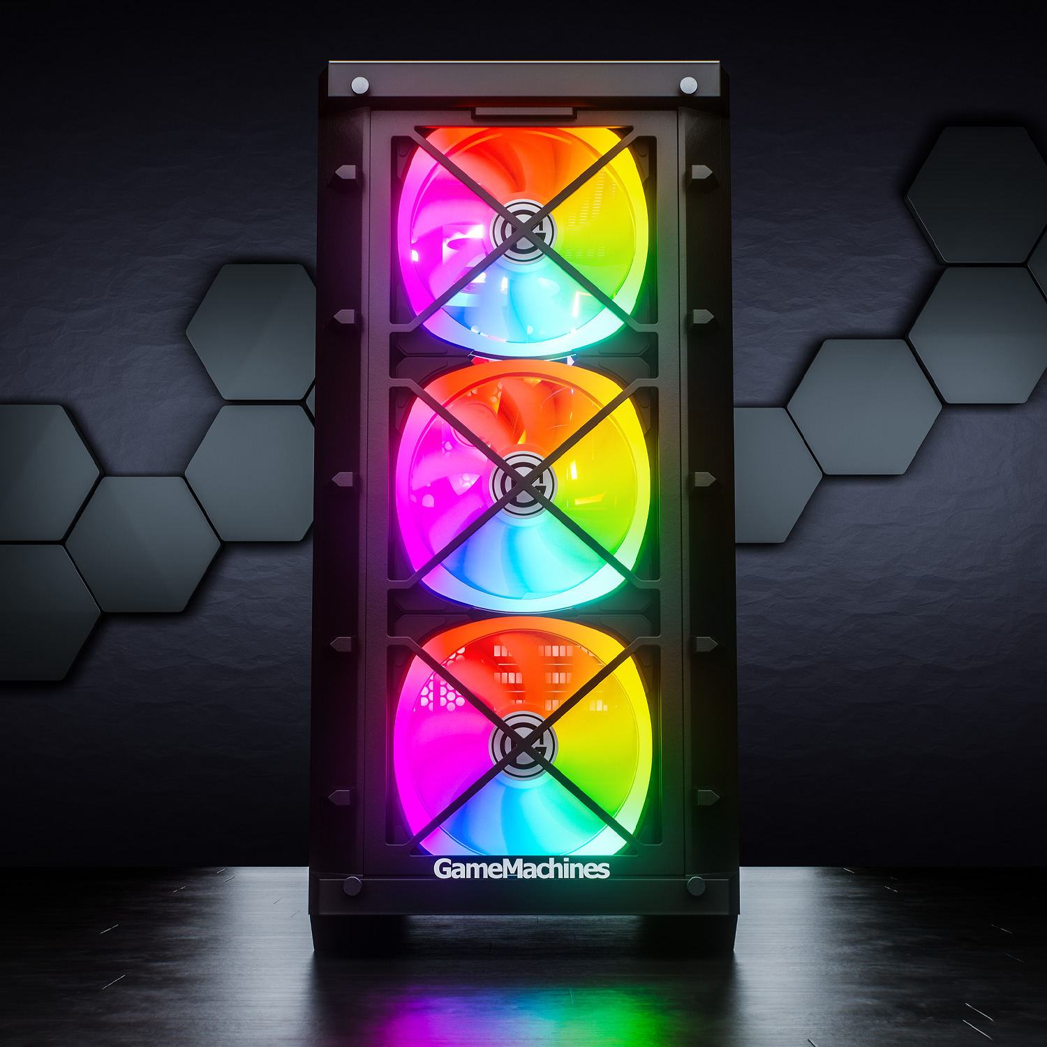 Ein Computergehäuse mit drei Lüftern mit mehrfarbigen Lichtern. Der Hintergrund ist eine dunkle, strukturierte Wand.