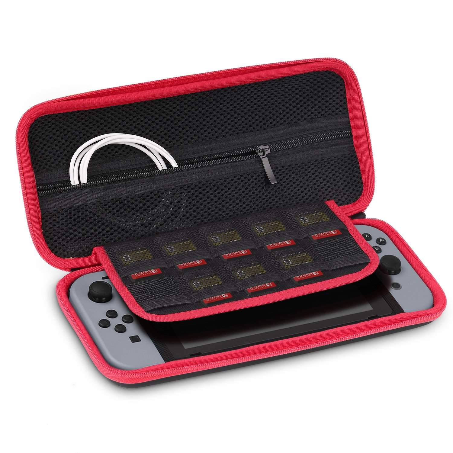 Rote und schwarze Hülle mit einem grauen Nintendo Switch, mit Spielkartenfächern.