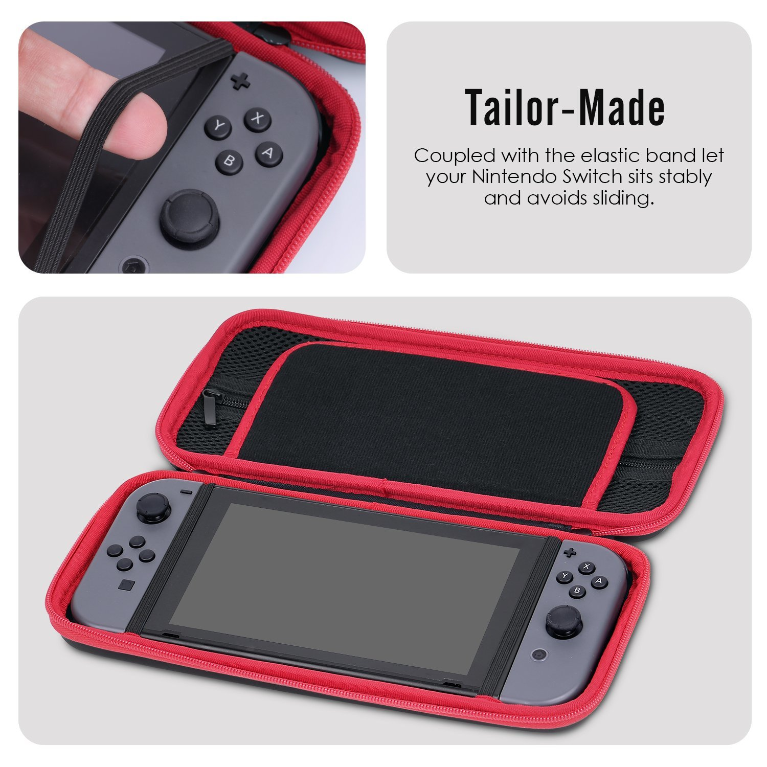 Nintendo Switch in rotem Etui, Hand hält das offene Etui.