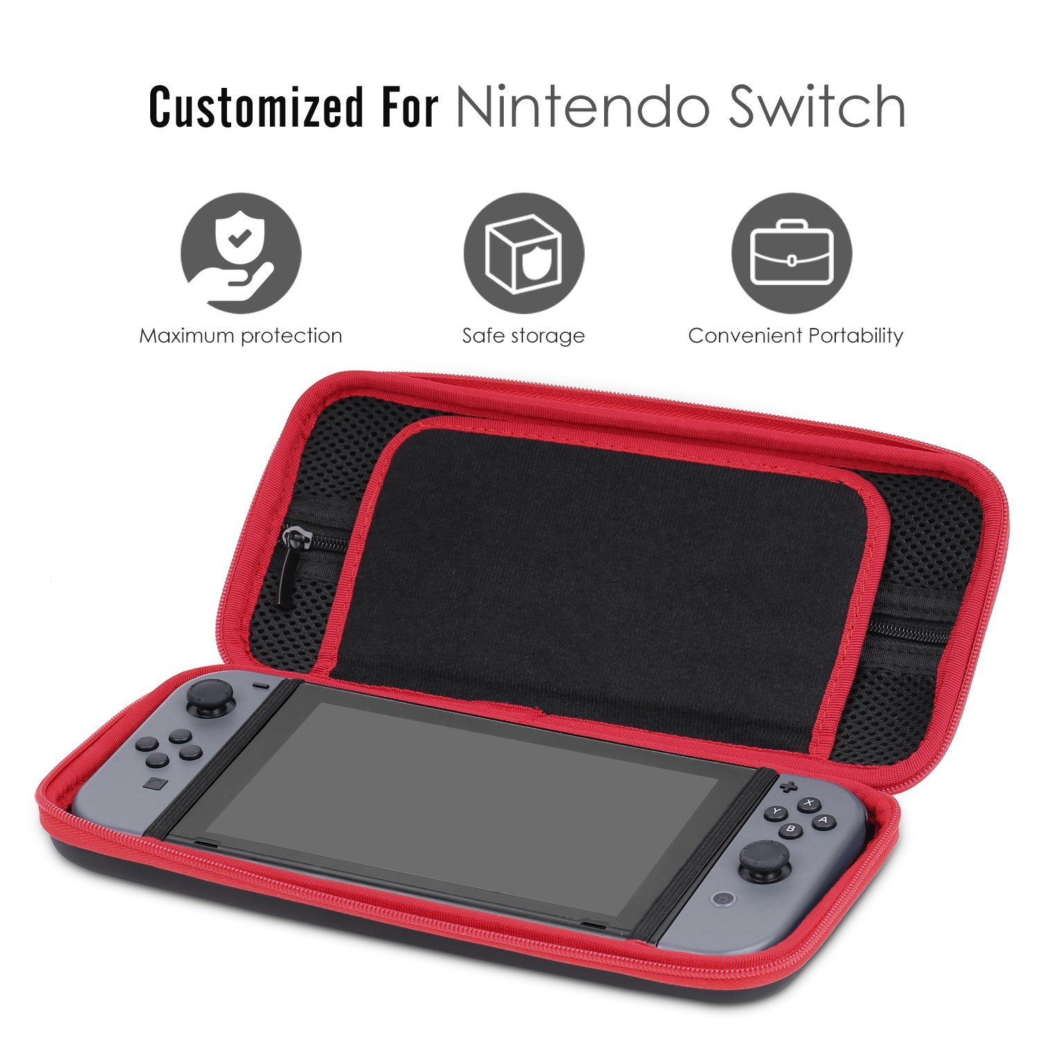 Eine rot-schwarze Nintendo Switch-Hülle mit der Konsole im Inneren. Symbole für Schutz, Aufbewahrung und Transport.