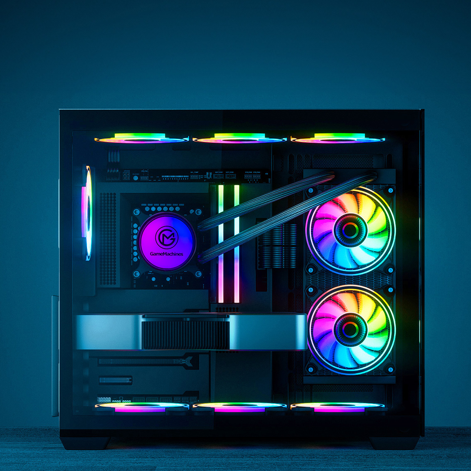Ein Gaming-PC-Gehäuse mit bunten LED-Lüftern und sichtbaren internen Komponenten.