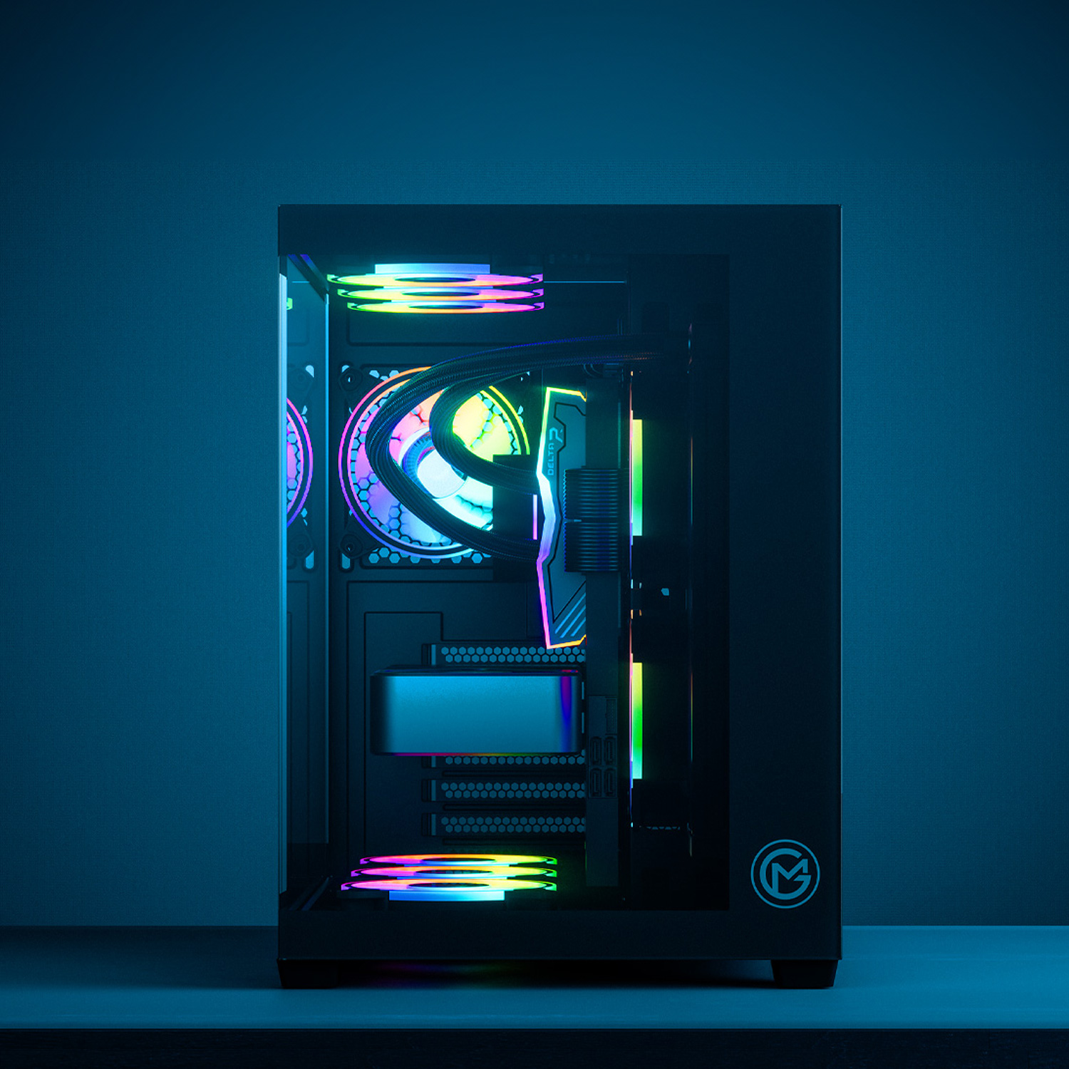 Ein Computergehäuse mit bunten Lichtern im Inneren. Das Gehäuse ist schwarz, der Hintergrund blau.