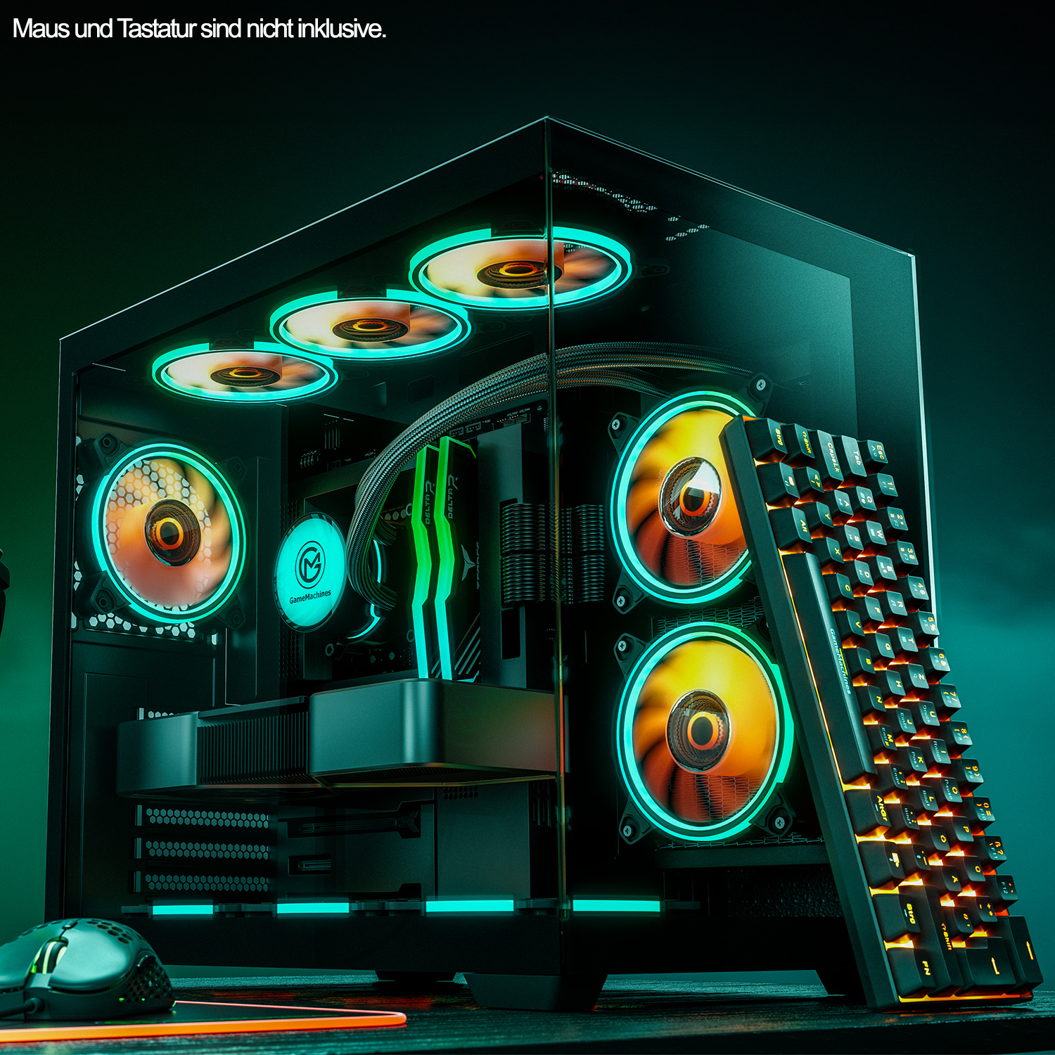 Ein Gaming-PC mit beleuchteten Lüftern und eine Tastatur, Maus und dunkler Hintergrund.