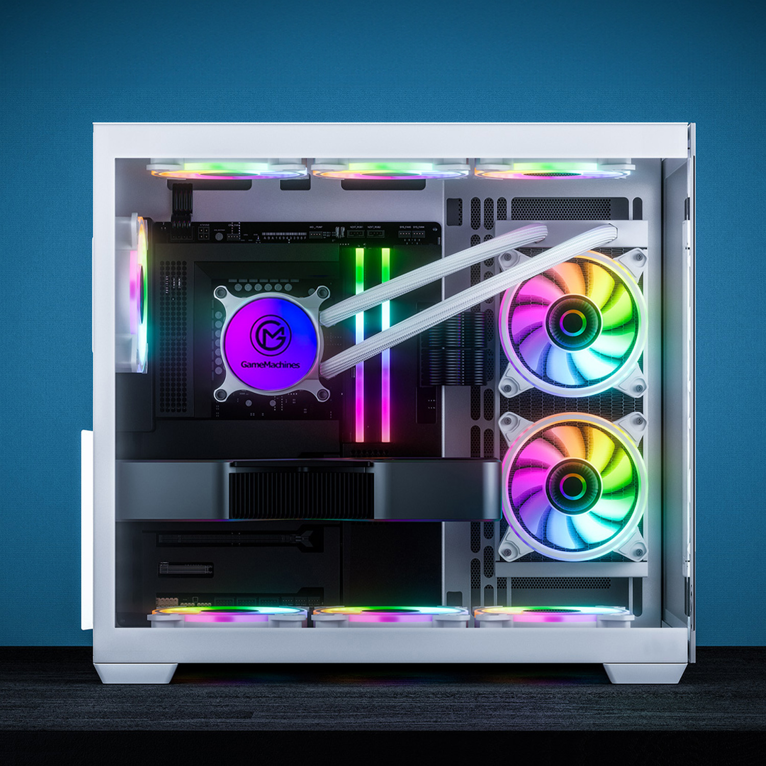 PC-Gehäuse-Inneres mit Lüftern, Kühler und Komponenten. Bunte Lichter, sauberes Design.