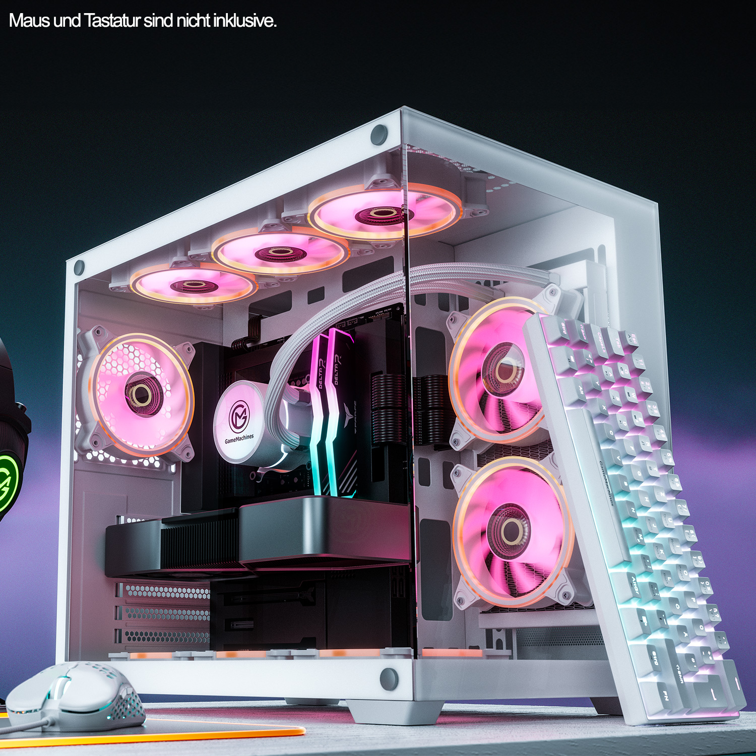 Ein weißes Computergehäuse mit Innenkomponenten und pinkfarbener Beleuchtung, mit Tastatur und Maus.