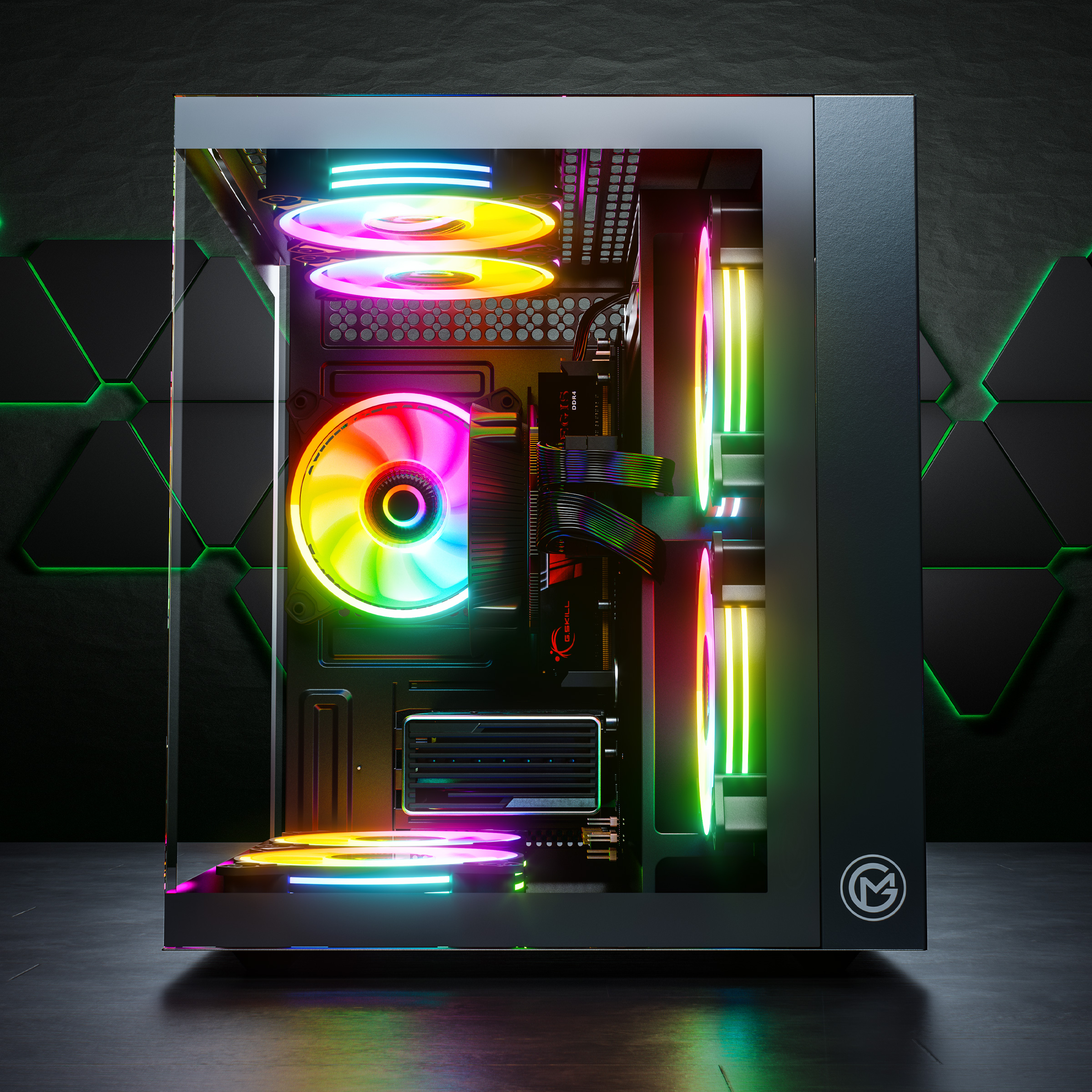 Ein Computergehäuse mit Glasseitenwand, das interne Komponenten mit farbenfrohen LEDs beleuchtet zeigt.