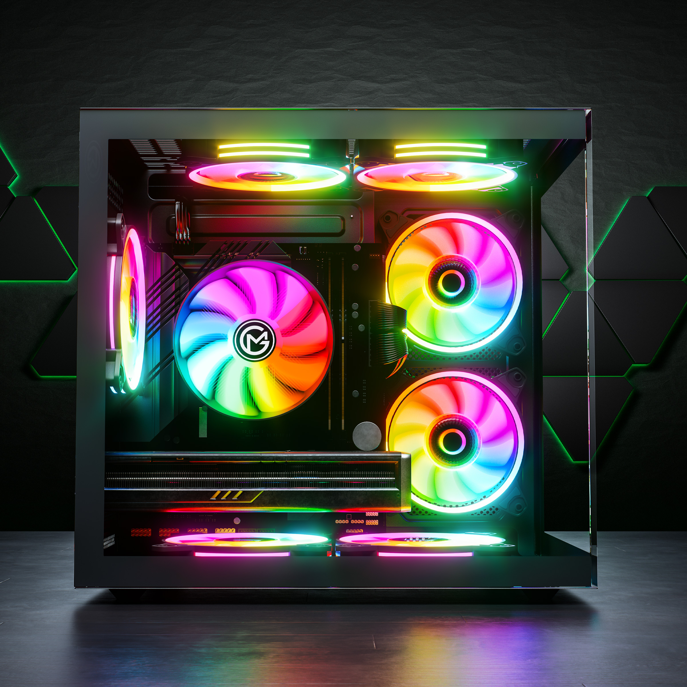 Computergehäuse mit bunten Lüftern, Regenbogenlichtern, schwarzer Hintergrund.