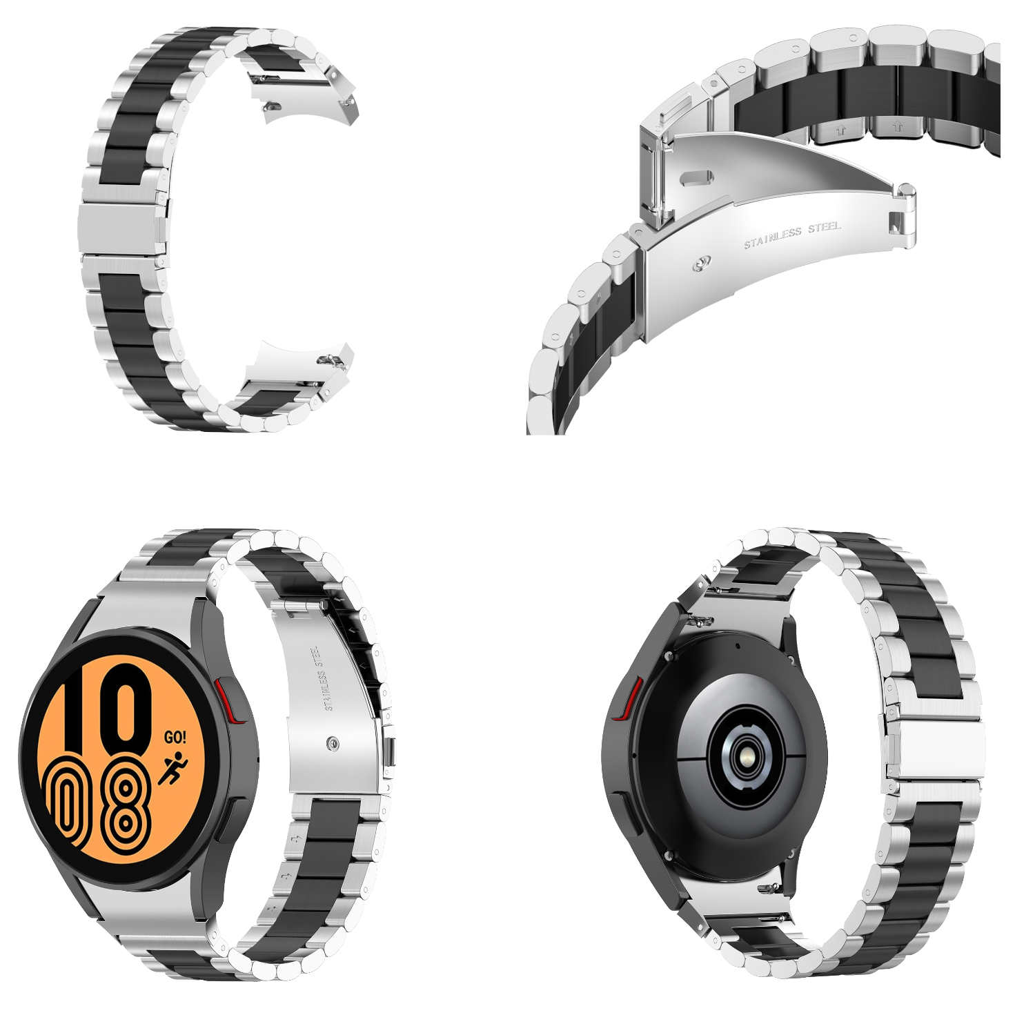 Eine Uhr mit silbernem und schwarzem Armband, und ein Teil des Armbands getrennt.