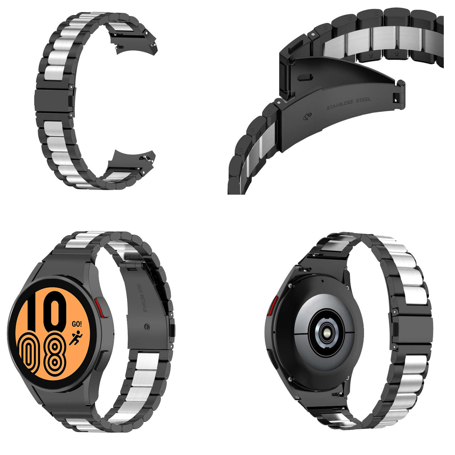 Schwarzes und silbernes Uhrenarmband. Enthält Details zu Zifferblatt und Verschluss. Weißer Hintergrund.