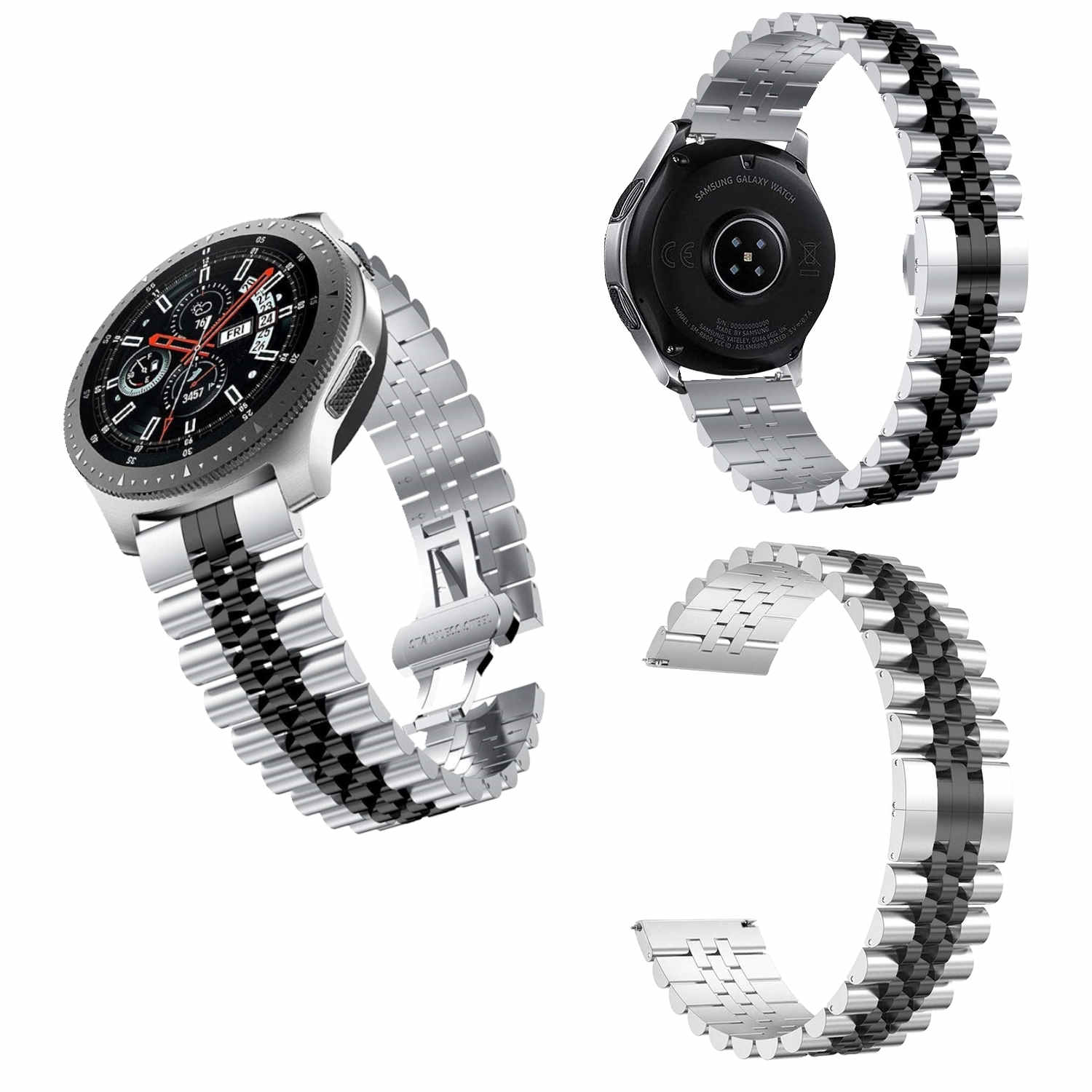 Eine Uhr mit silbernem und schwarzem Metallarmband, und die Armbandkomponenten.