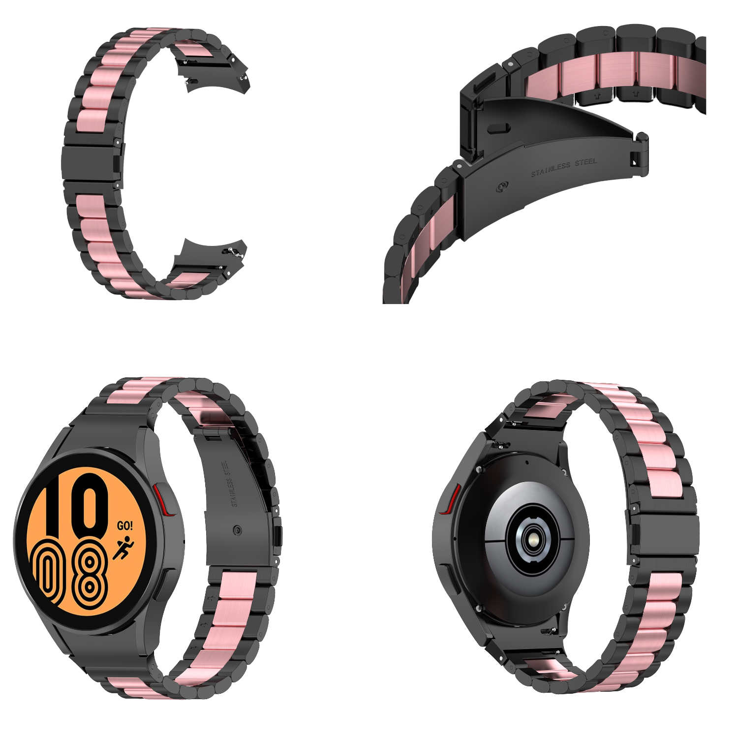 Ein Uhrenarmband mit schwarzen und pinkfarbenen Gliedern und eine Uhr. Das Band ist geöffnet.