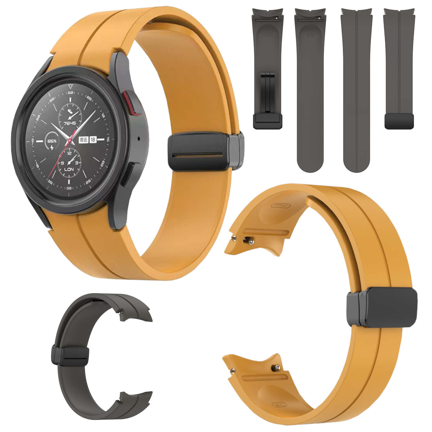 Eine schwarze Smartwatch mit goldenem Armband und zusätzlichen Armbandteilen und -riemen.