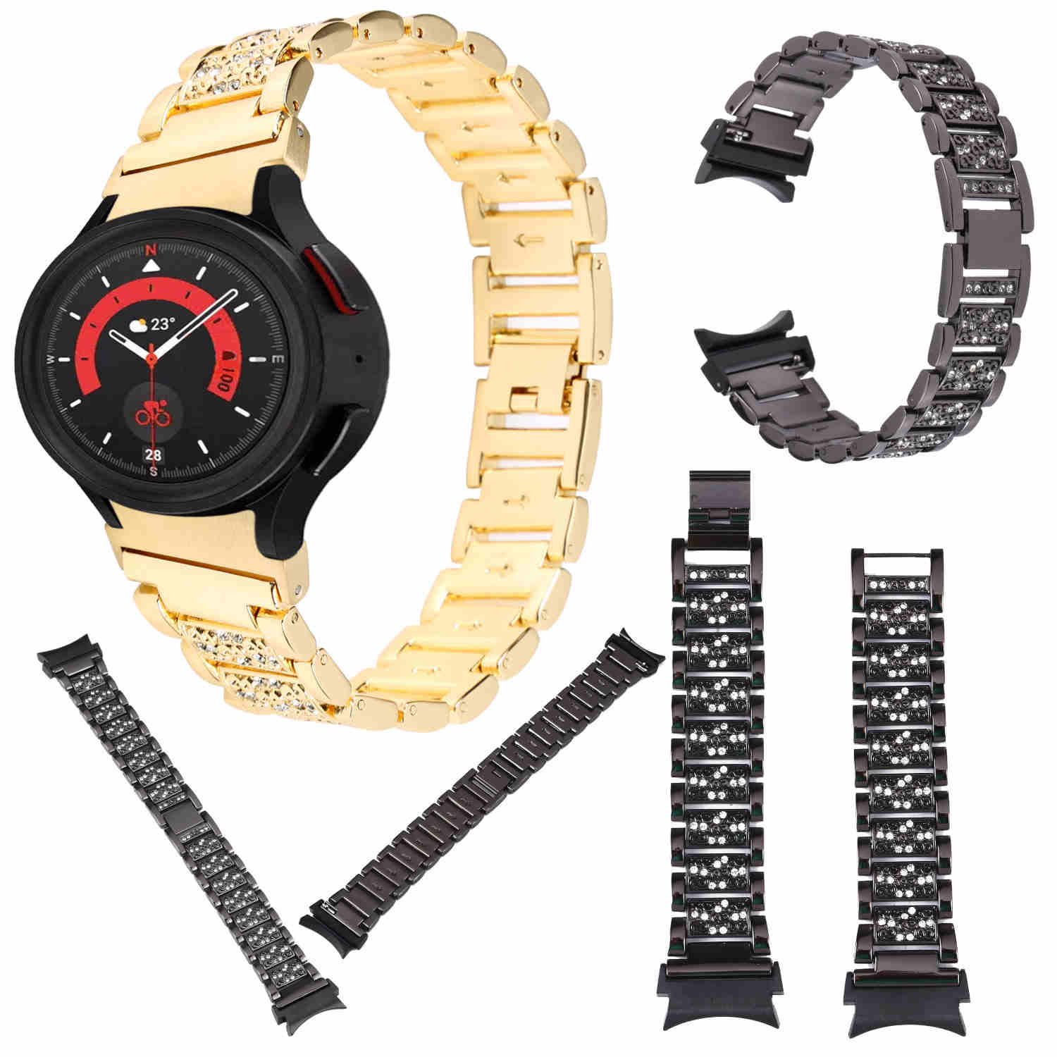 Eine schwarze Smartwatch mit goldenem Armband und mehrere andere Armbänder mit Strasssteinen.
