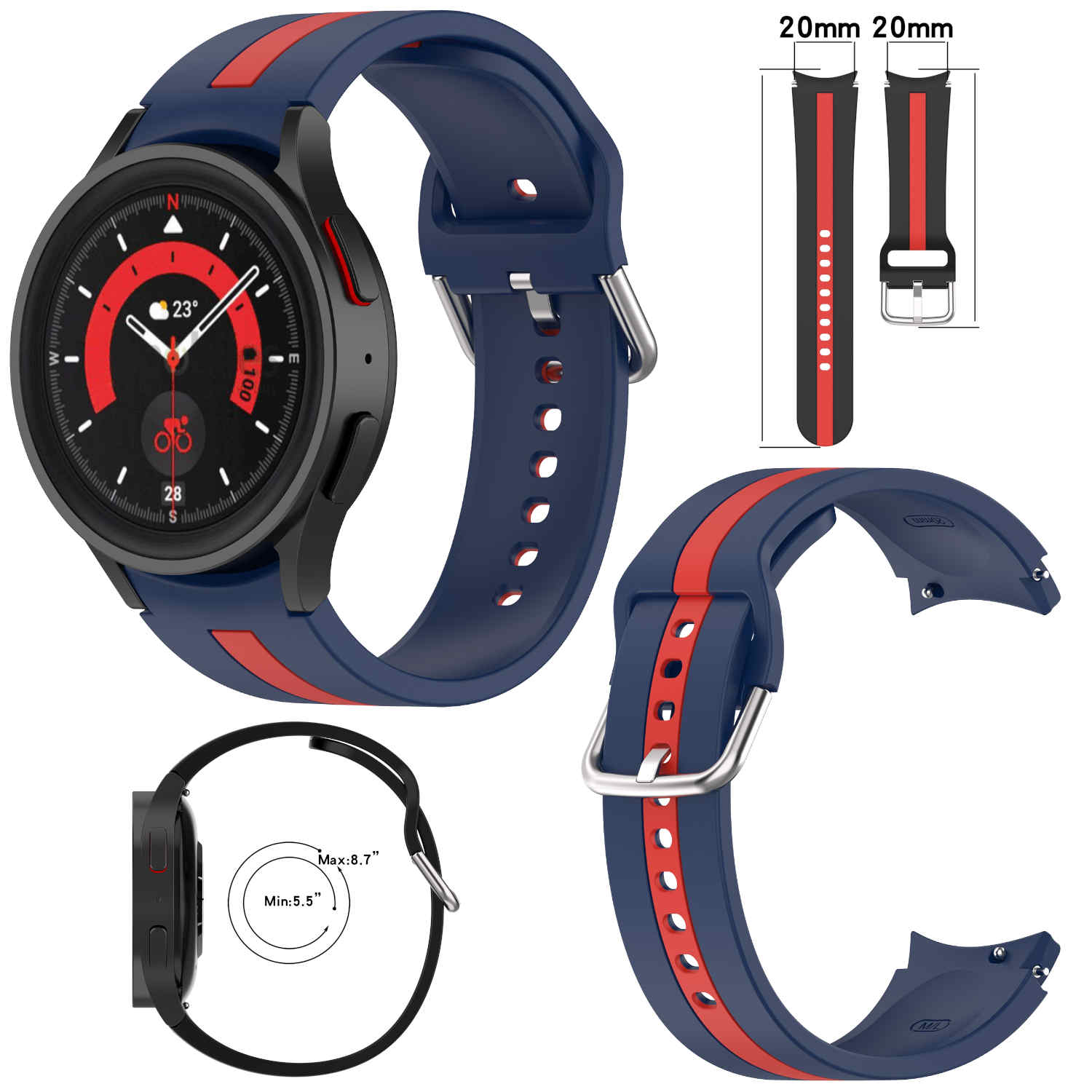 Smartwatch mit blau-rot gestreiftem Armband. Zusätzliches Armband und Größenangaben.