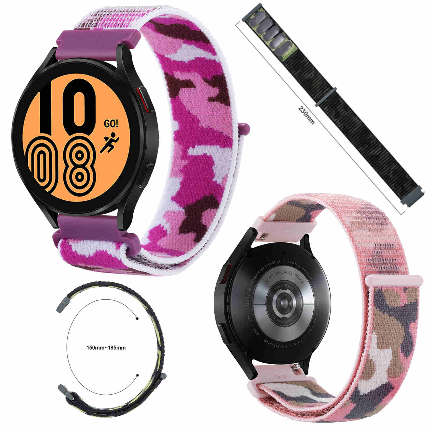 Eine Smartwatch mit zwei Armbändern, einem rosa Camouflage und einem schwarzen, sowie zusätzlichem Zubehör.