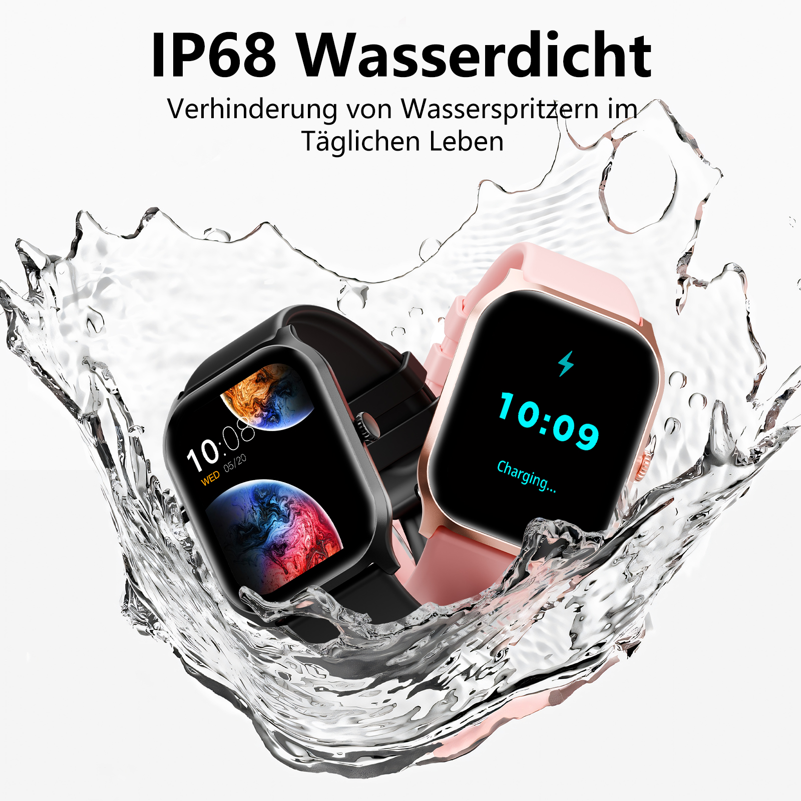 Zwei Smartwatches im Wasser mit Spritzern. Eine ist schwarz mit Galaxy-Bildschirm, die andere pink, lädt.
