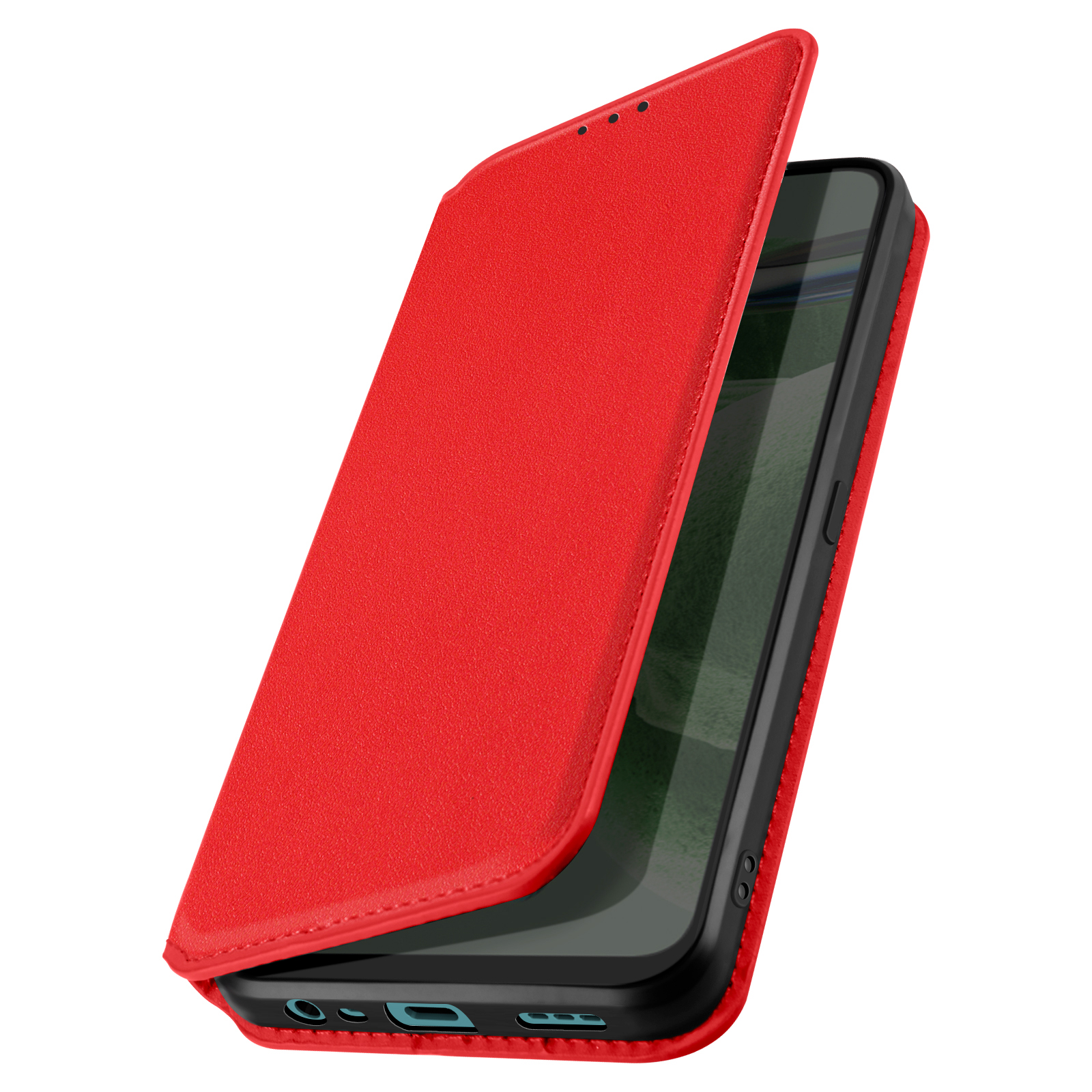 Custodia rossa per telefono, aperta. Telefono visibile all'interno.