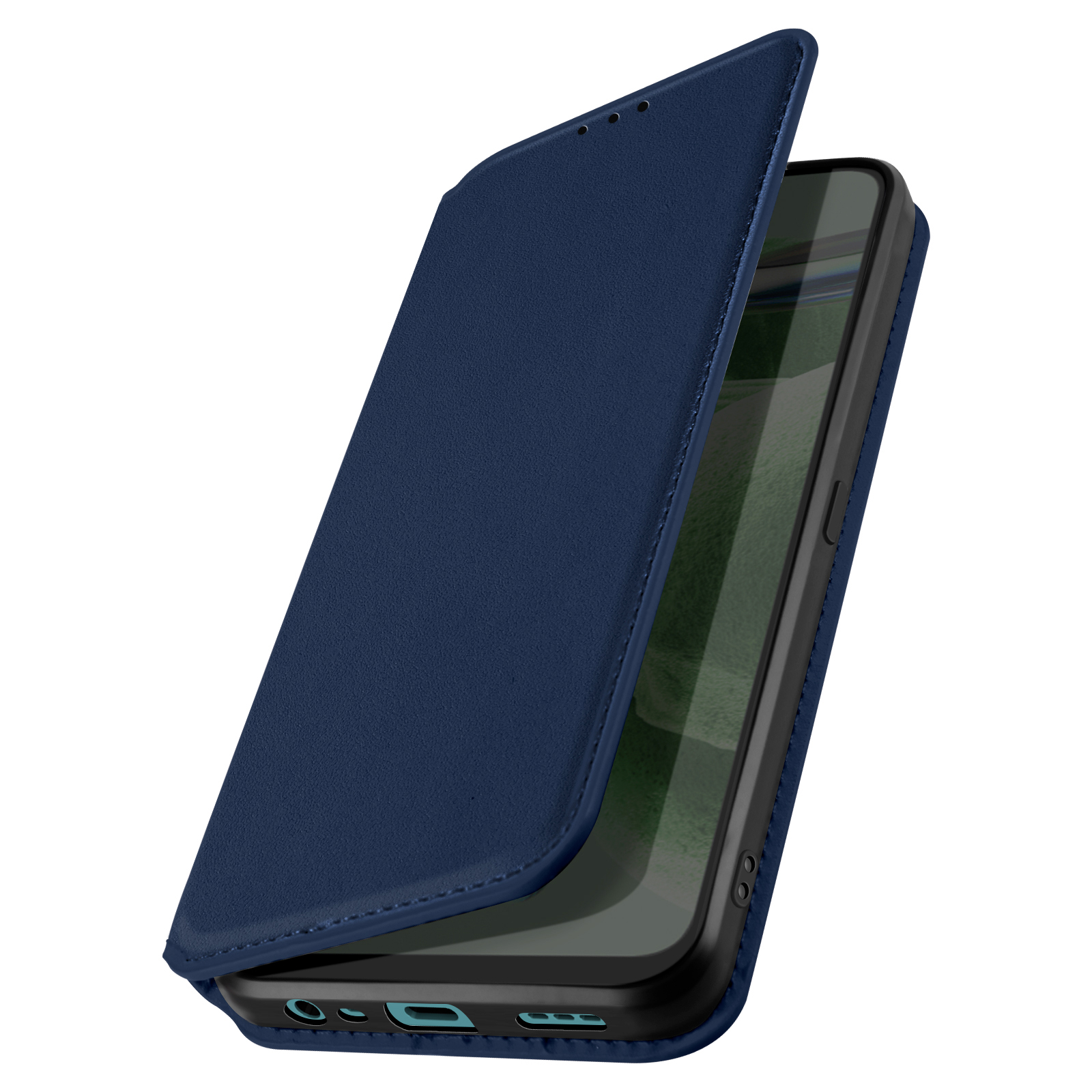 Custodia blu per telefono, aperta che mostra un telefono. Esterno blu scuro, interno nero.