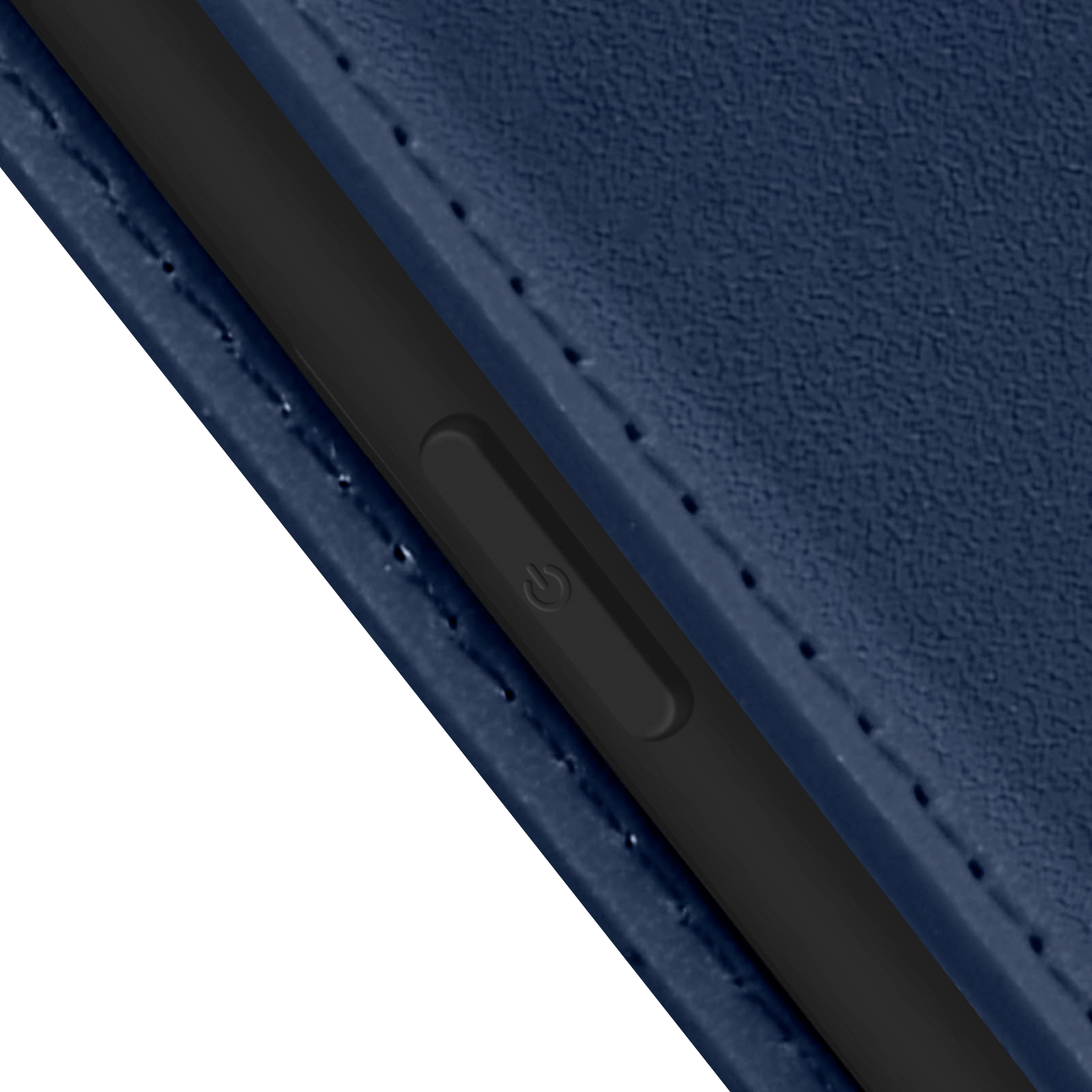 Primo piano di una custodia per telefono blu navy, che mostra il pulsante di accensione sul lato.