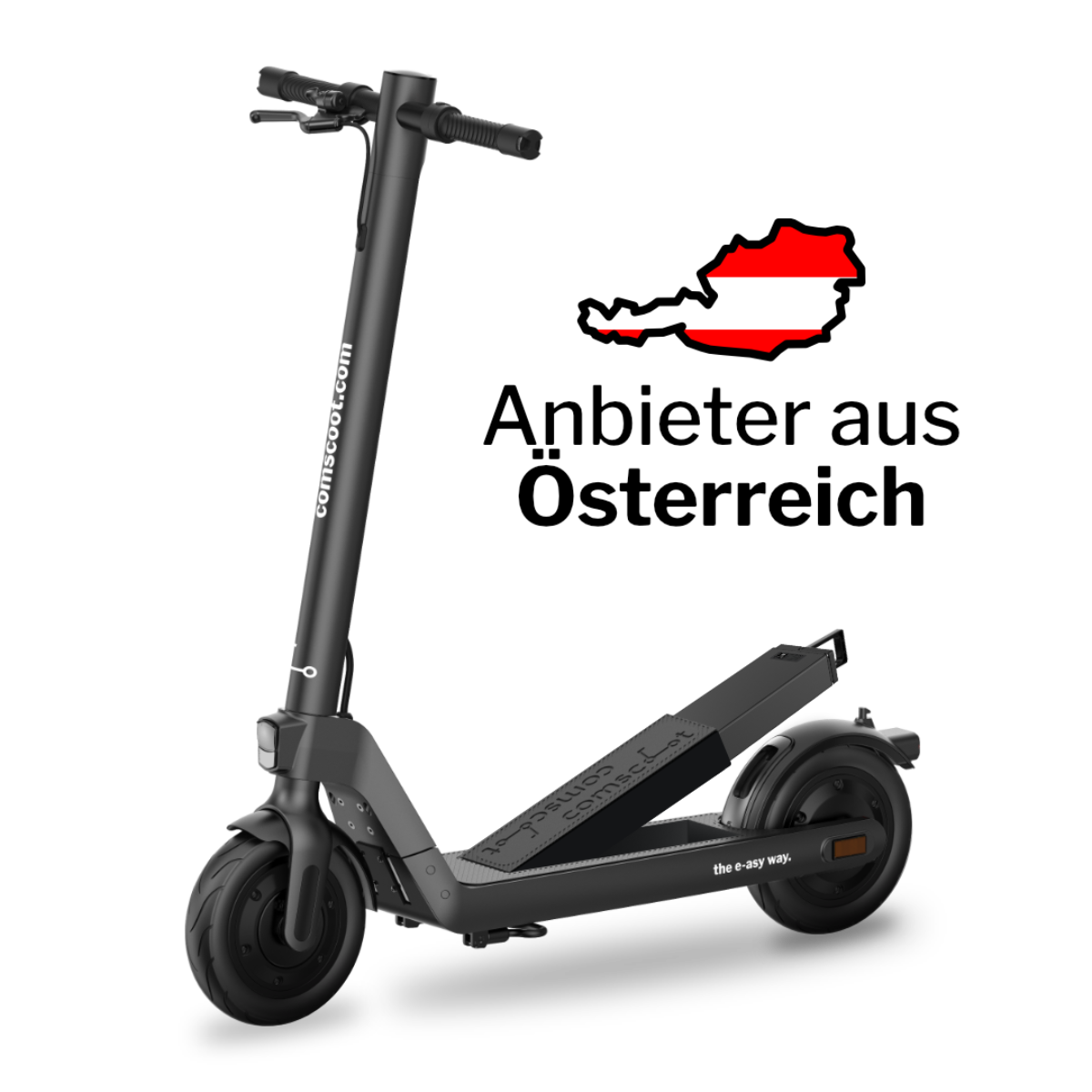 Ein schwarzer Elektroroller mit Logo und einem österreichischen Flaggenlogo auf weißem Hintergrund.