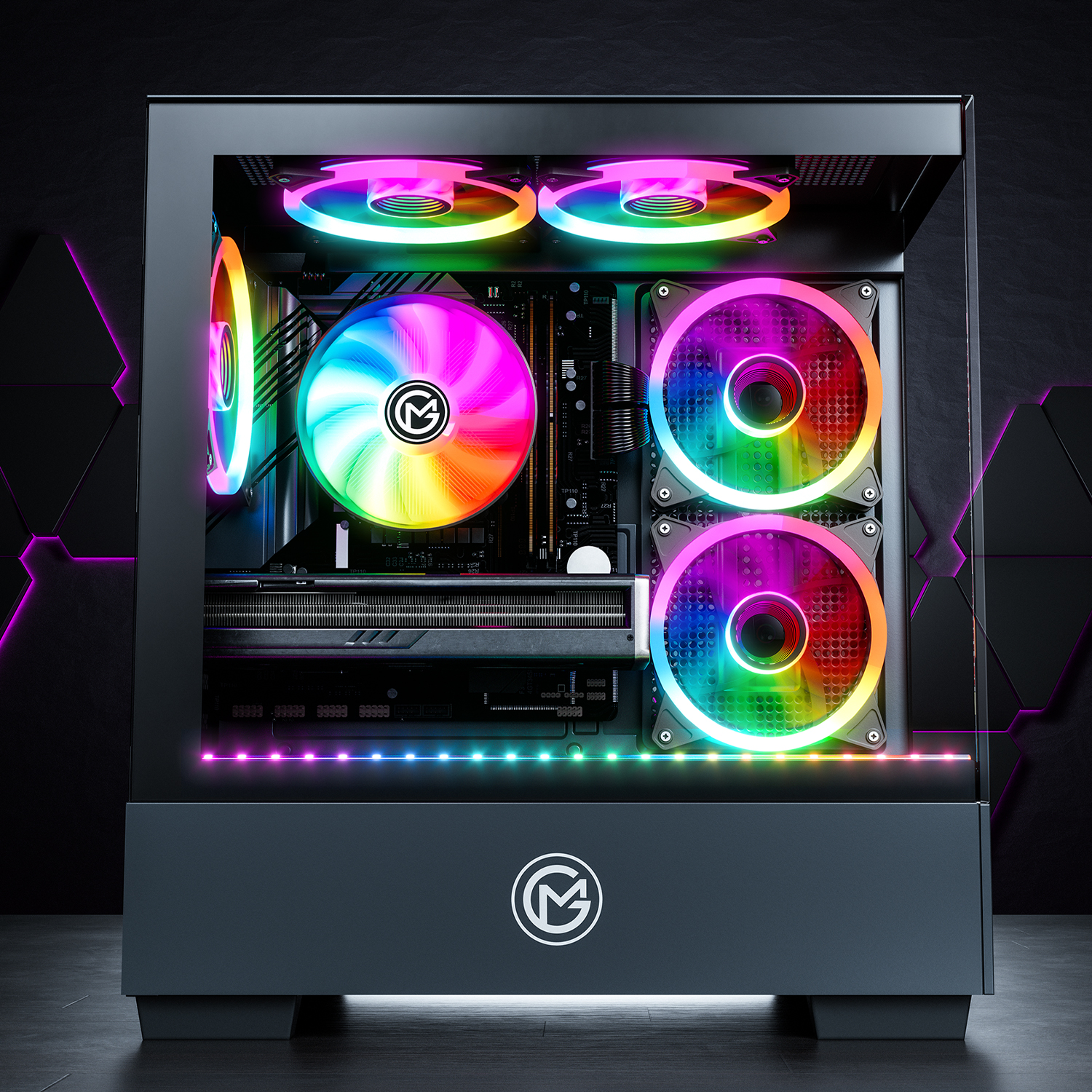 Computergehäuse mit farbenfrohen LED-Lüftern und Lichtern. Schwarzer Hintergrund.