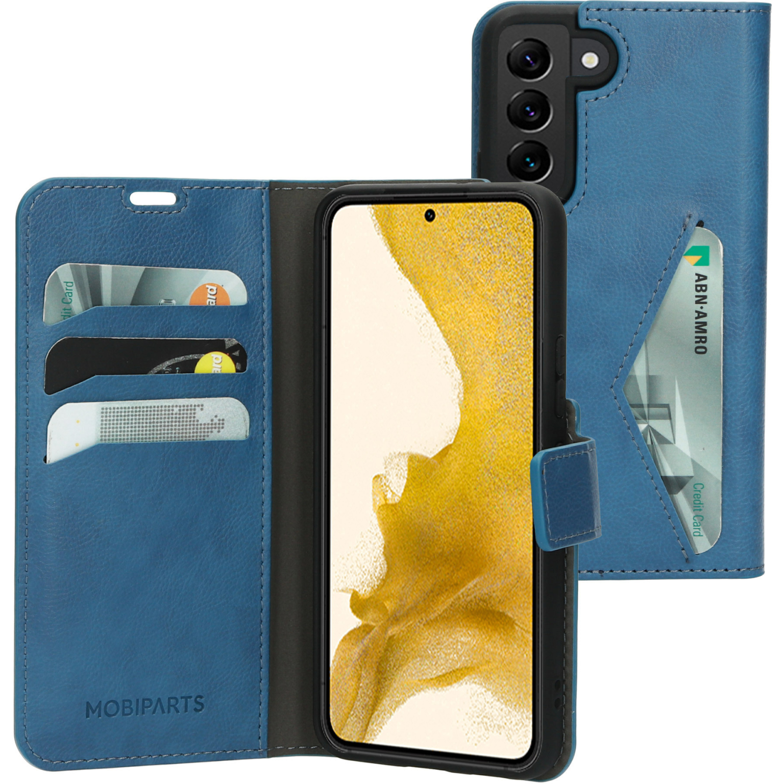 Blauwe leren telefoonhoes met kaartsleuven, met telefoon en creditcard.