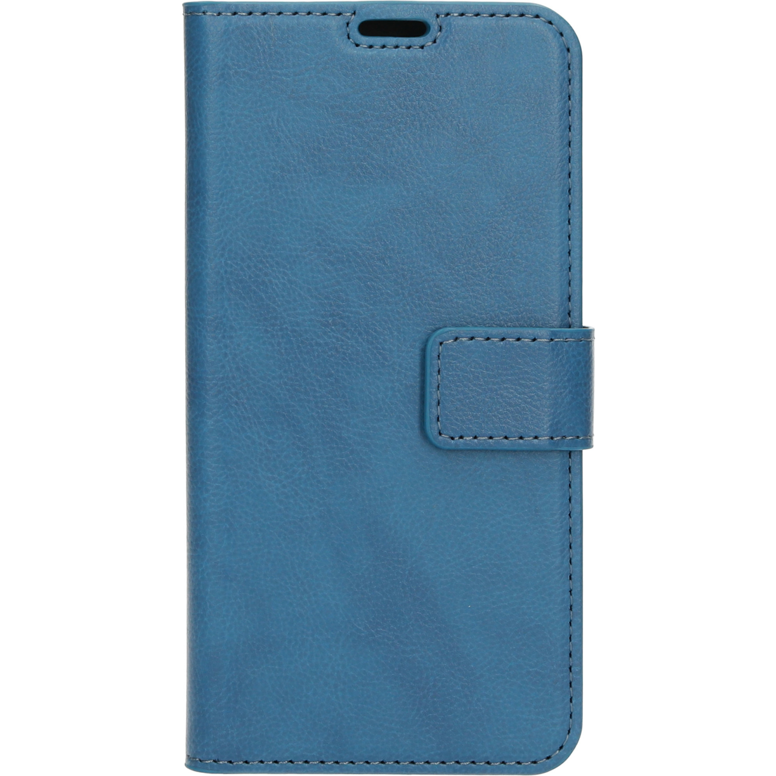 Blauwe leren telefoonhoes, gesloten, met een gespsluiting.