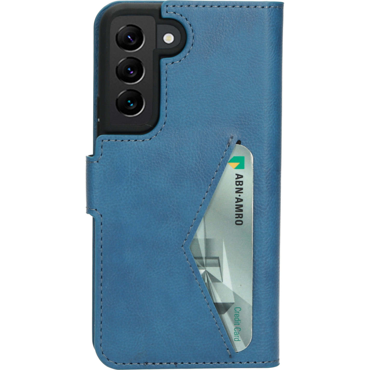 Blauwe telefoonhoes met een telefoon en een creditcardvak met een ABN AMRO-kaart.