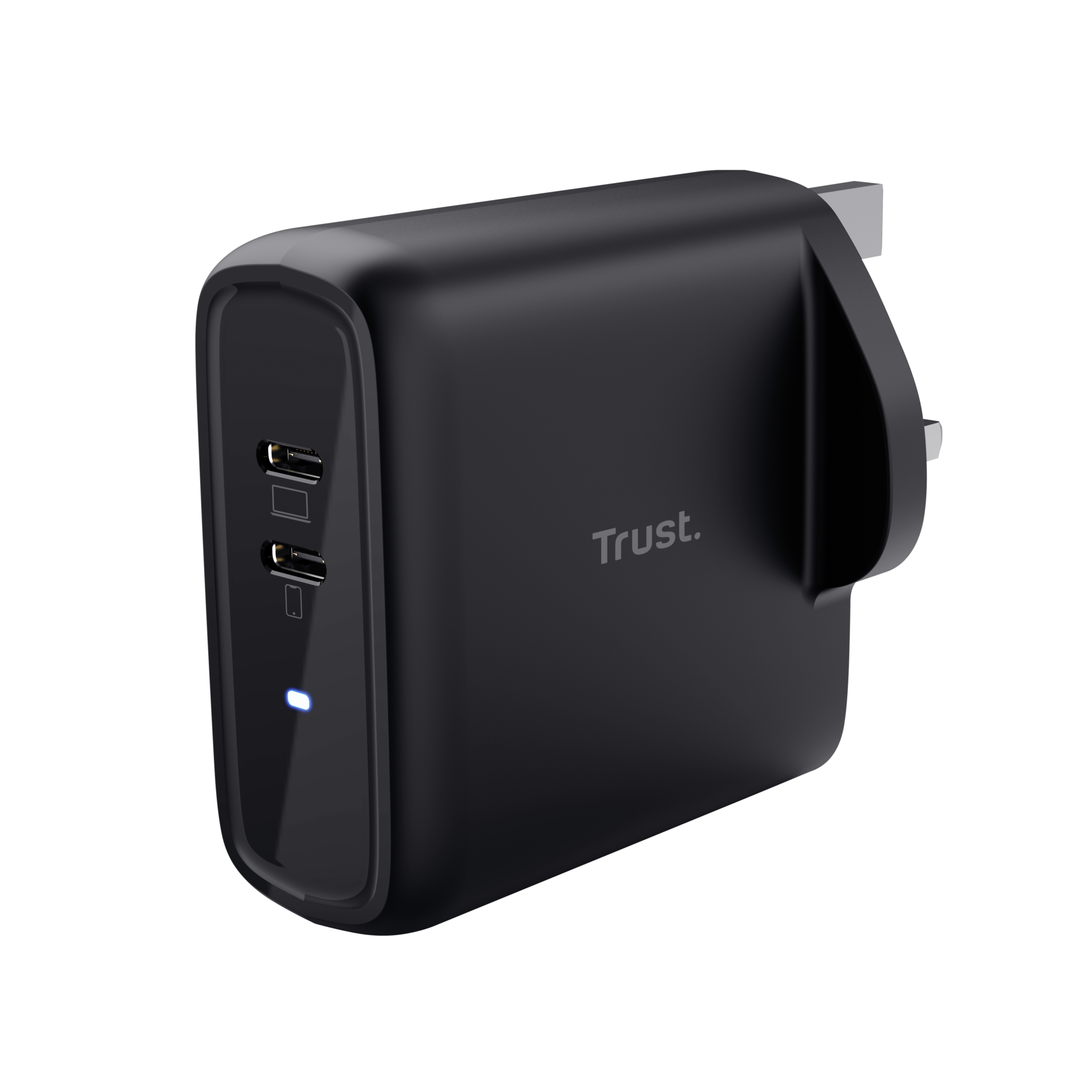 Zwarte Trust-voedingsadapter met twee USB-poorten. Voorzien van een stekker en een blauw indicatielampje.
